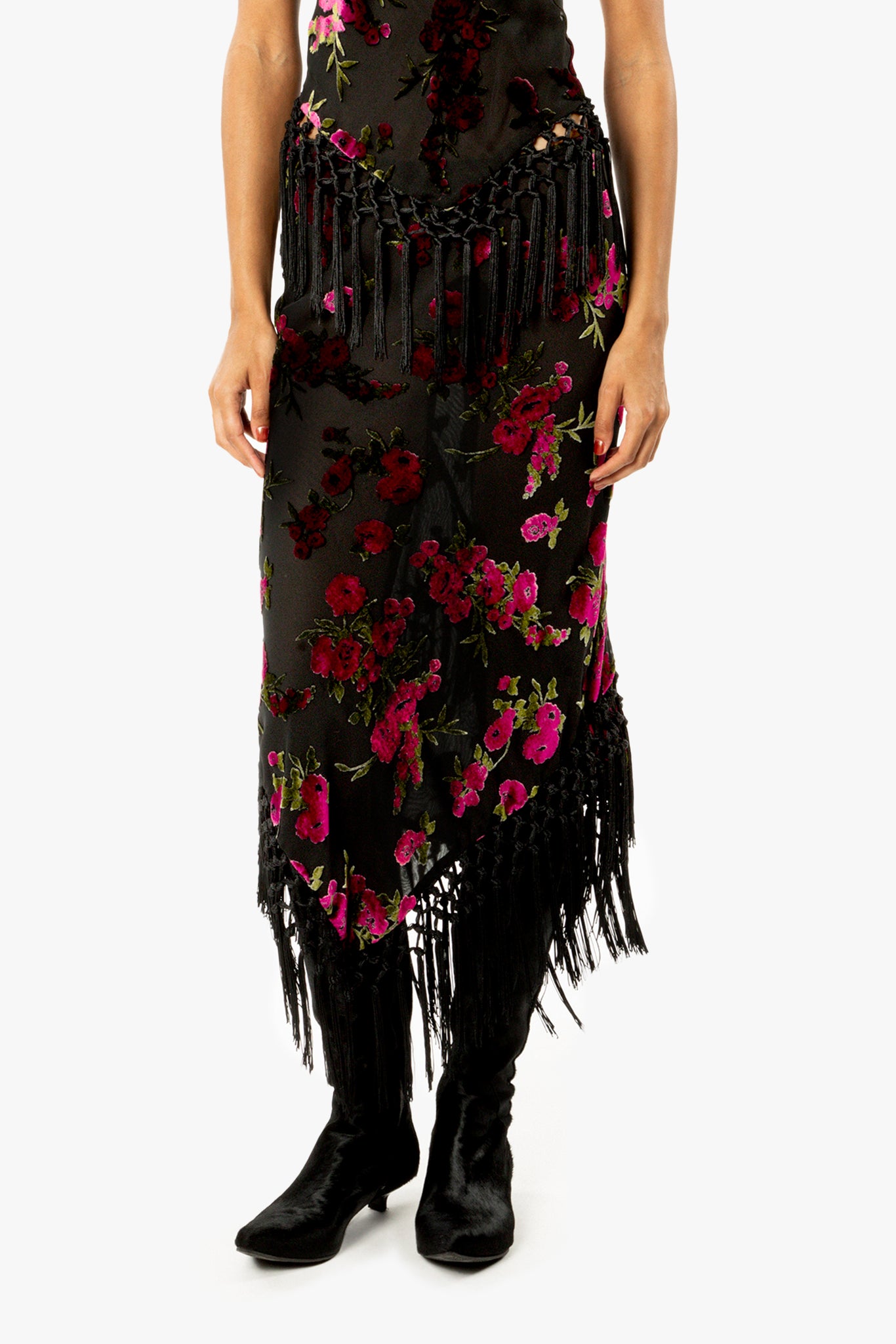 Rose Burnout Fringe Skirt