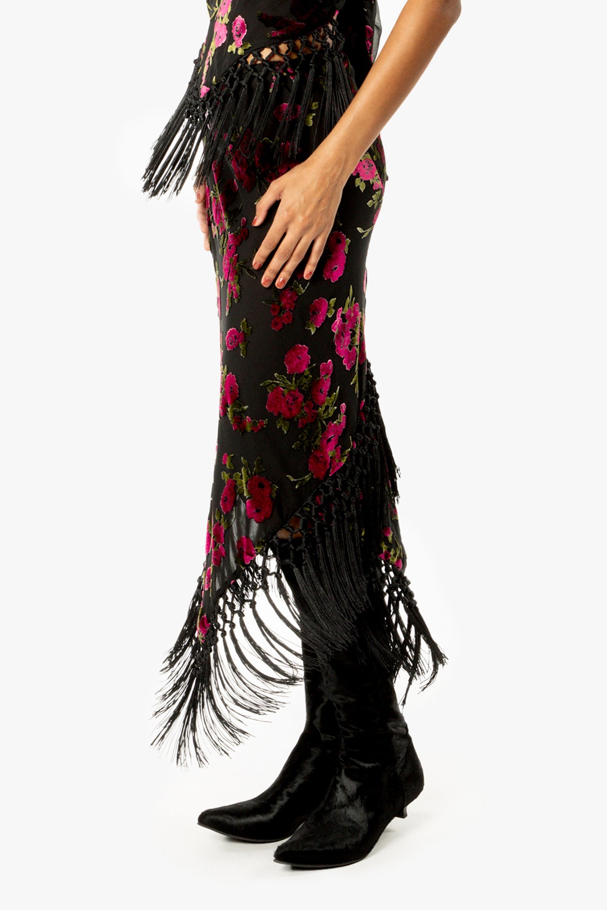 Rose Burnout Fringe Skirt
