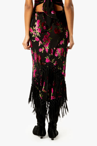 Rose Burnout Fringe Skirt