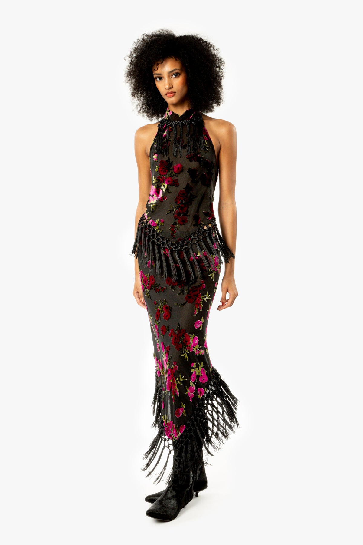 Rose Burnout Fringe Skirt