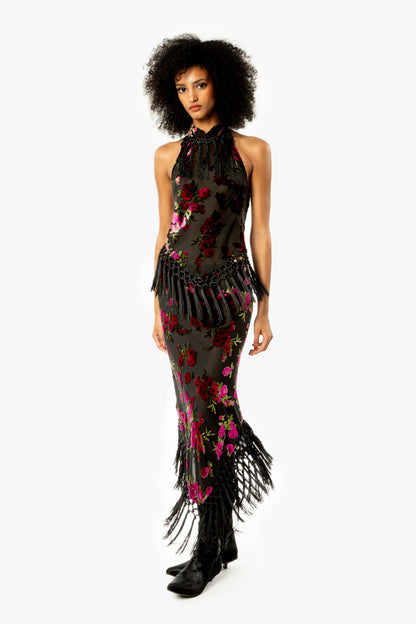 Rose Burnout Fringe Skirt
