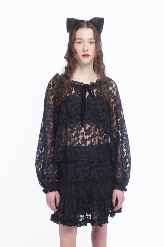 Shadow Blossom Tulle Elastic Lace Blouse