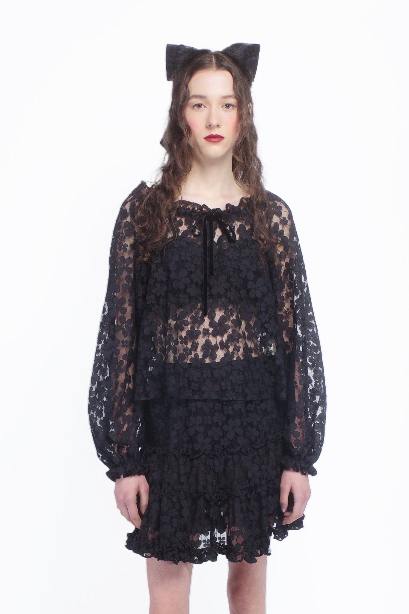 Shadow Blossom Tulle Elastic Lace Blouse