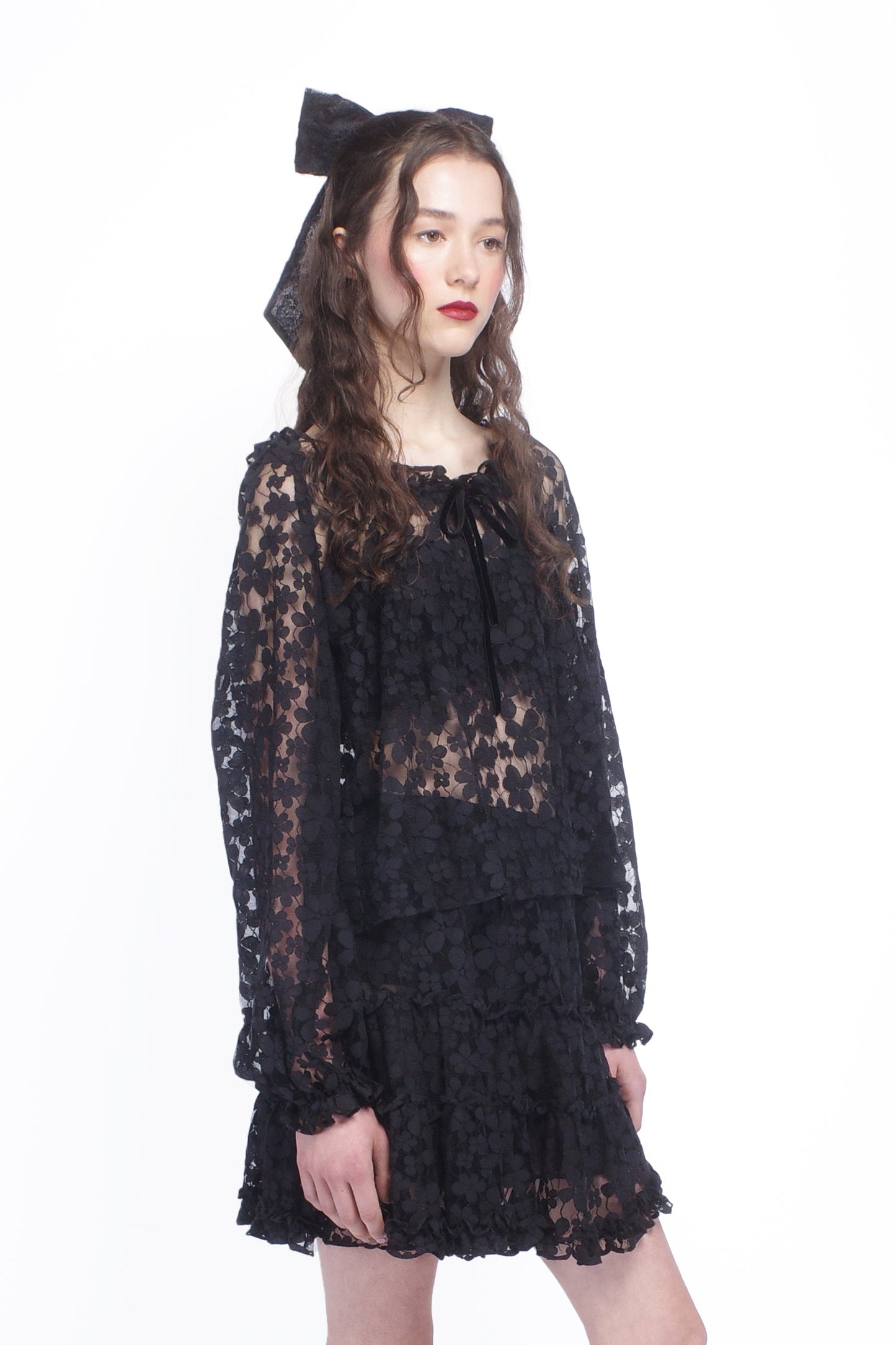 Shadow Blossom Tulle Elastic Lace Blouse