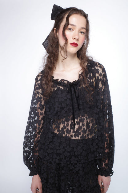 Shadow Blossom Tulle Elastic Lace Blouse