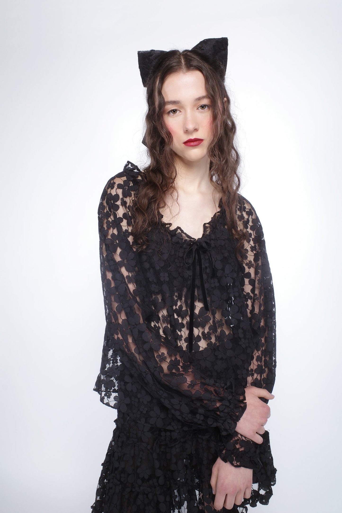 Shadow Blossom Tulle Elastic Lace Blouse