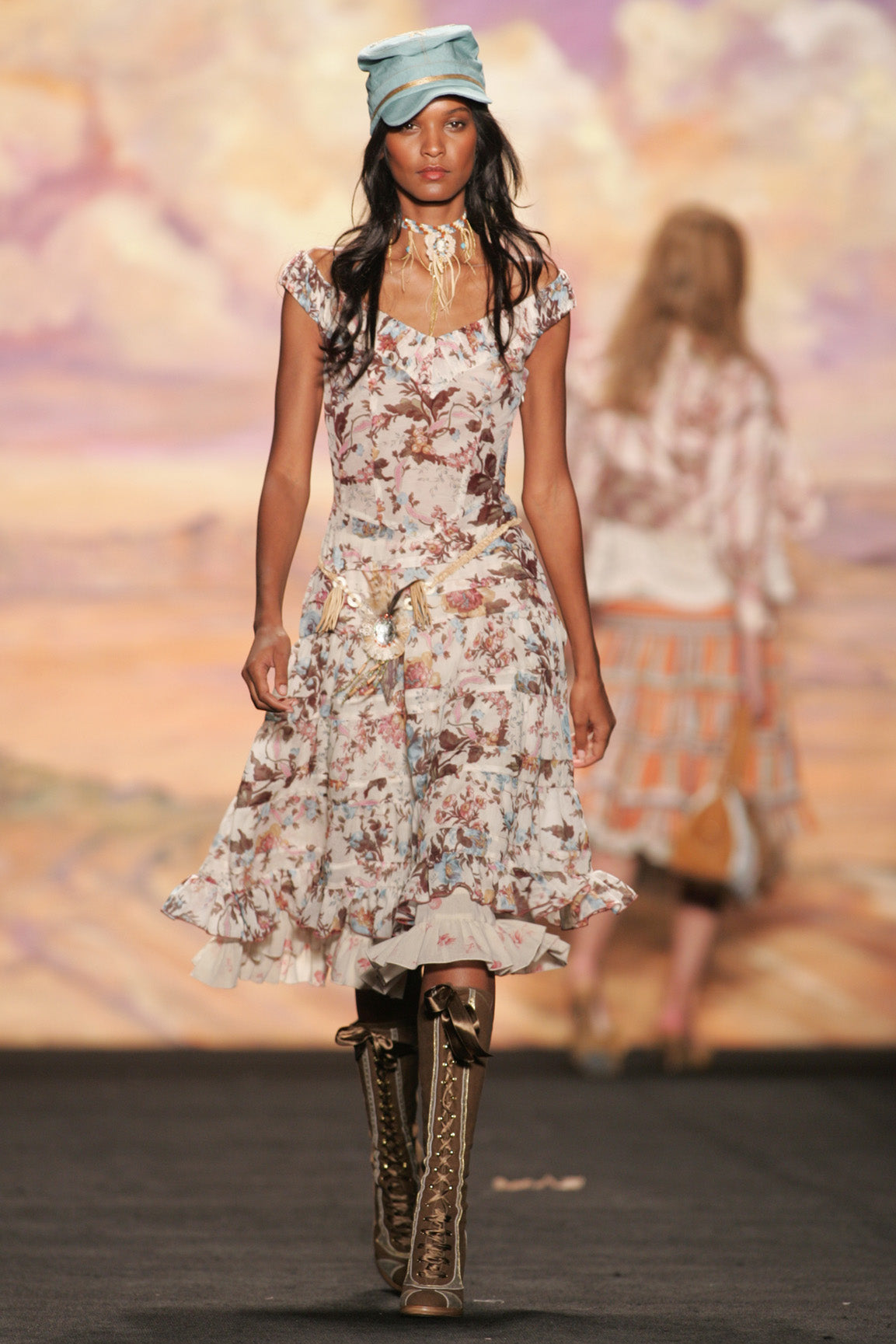 Another runway option flatters the waist & hips, white & brown floral design, large at bottom