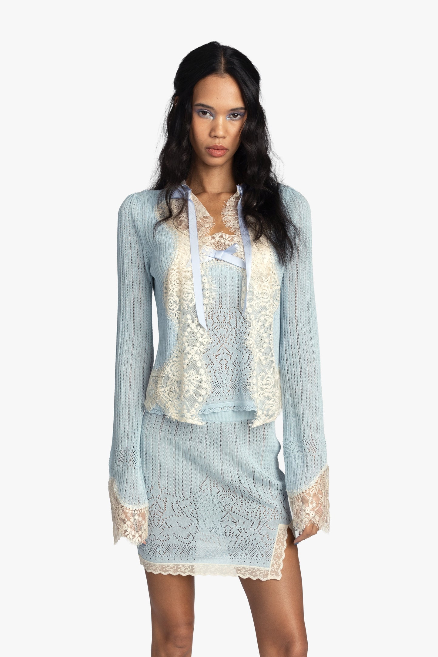 Lingerie Lace Knit Cardigan - Sky Blue