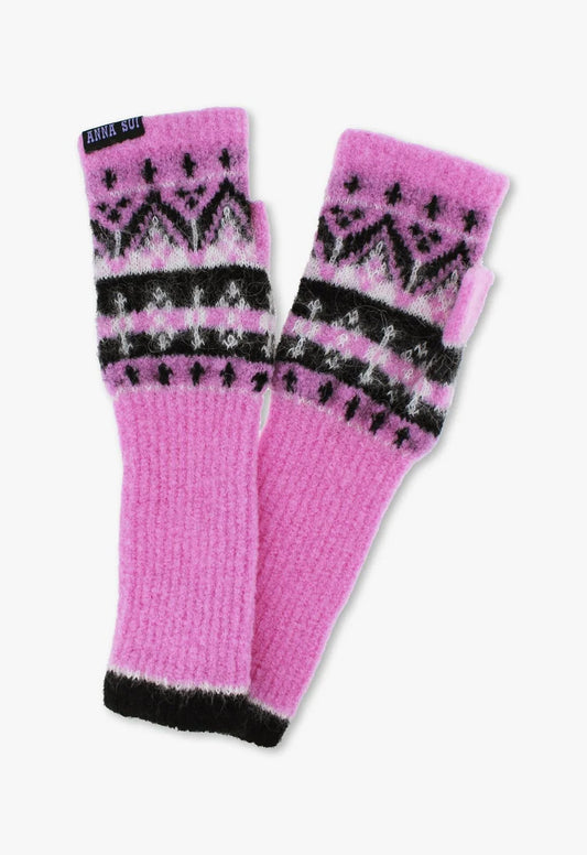 Fair Isle Fingerless Knit Gloves- Pink