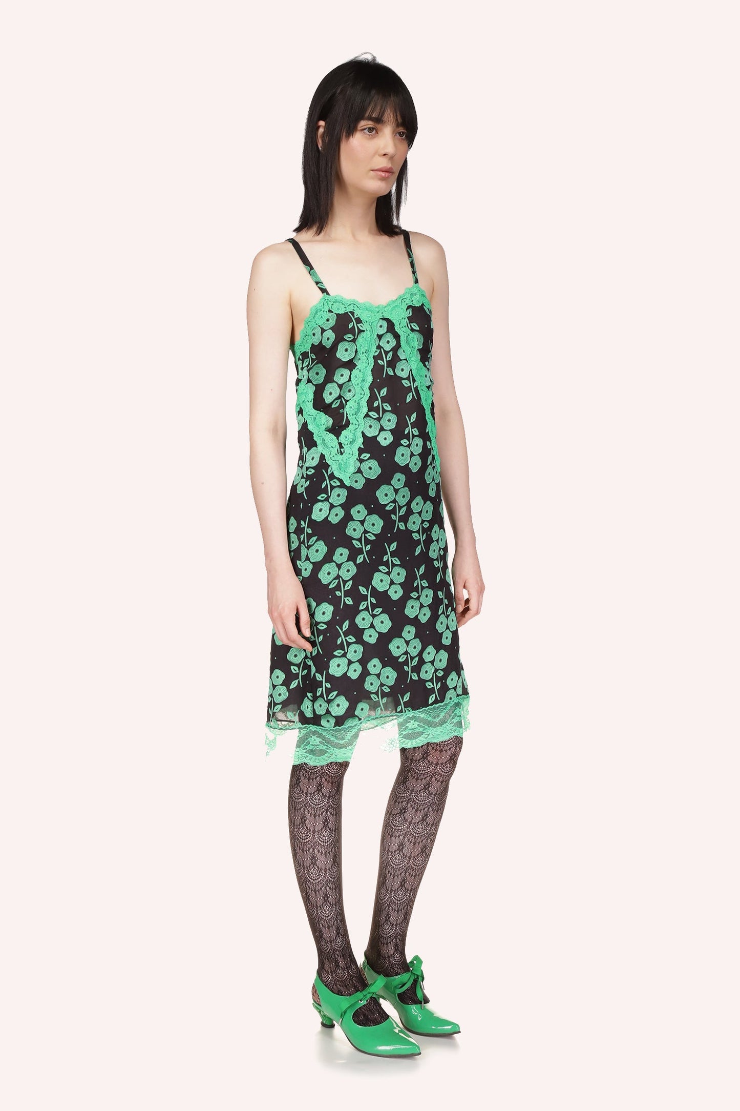 Stitched Poppies Dress, verdant petals on a black base, sleeveless, 2-straps, knees-long