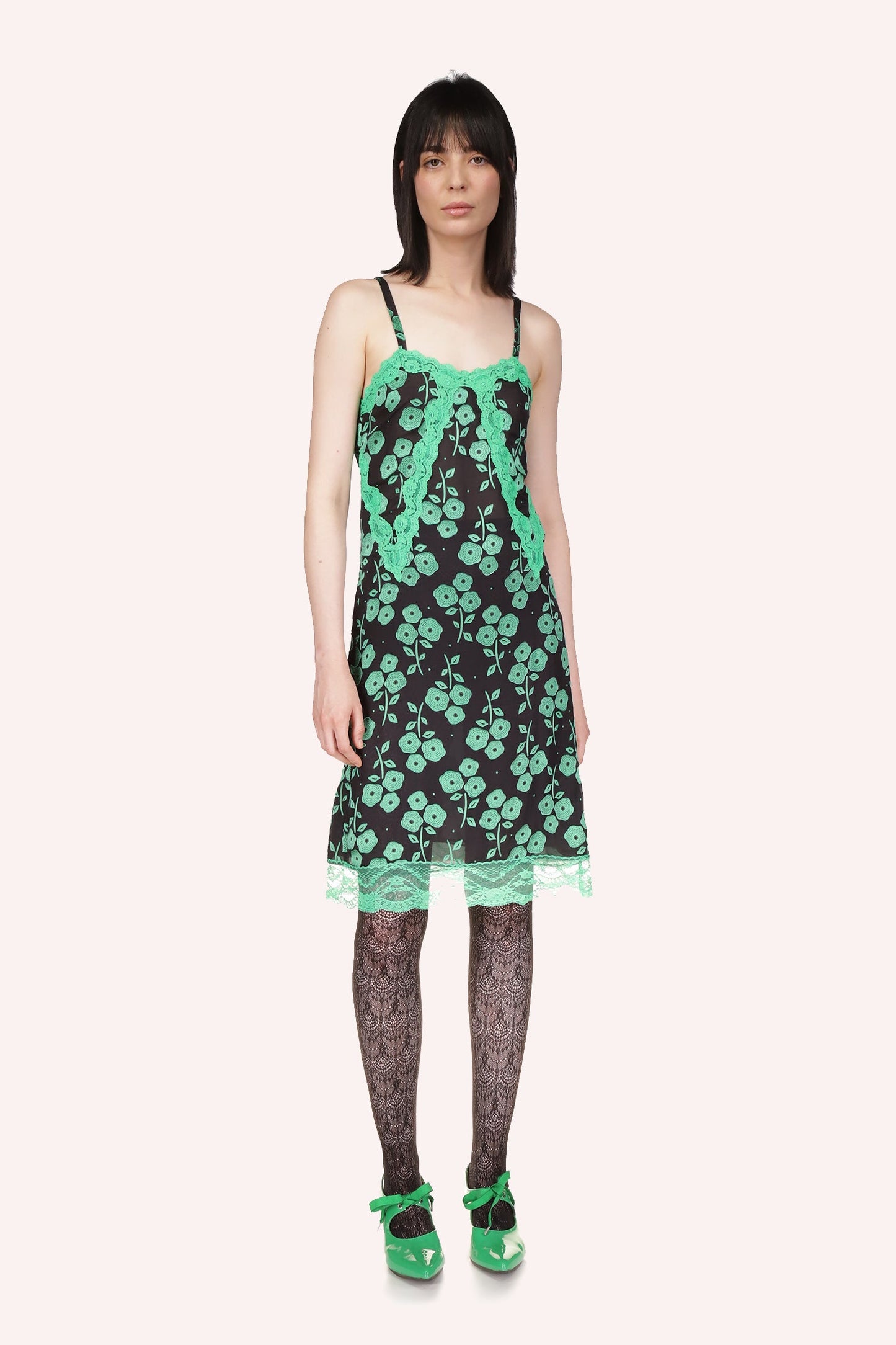 Green floral dress, green v-lace, sleeveless, 2-straps, knees-long, bottom translucent green lace