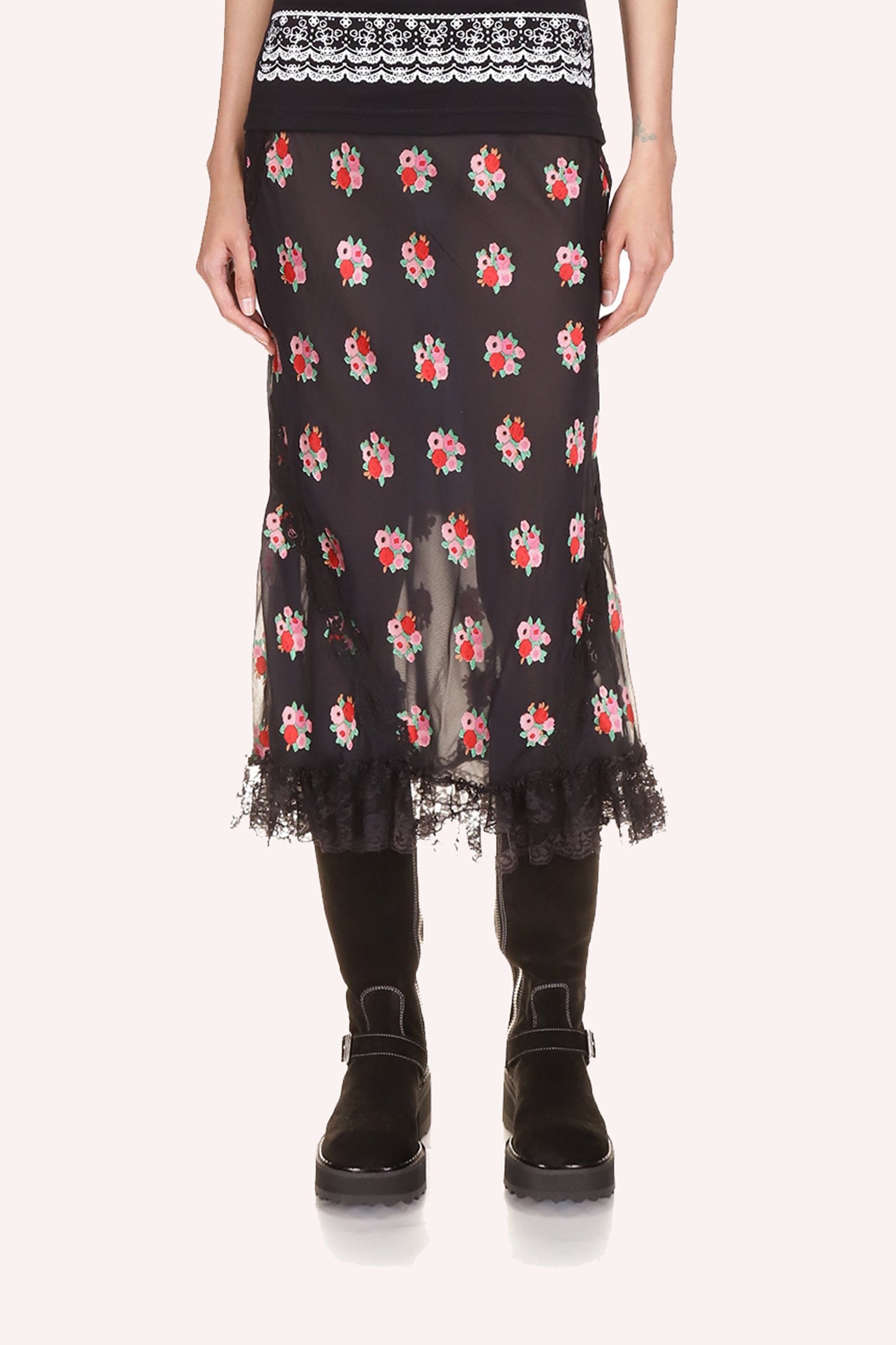Rosie posies Skirt Black, under knee long, see-through from hips down, black lace at bottom