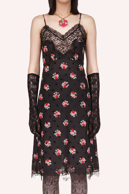 Anna Sui's Rosie Posie Slip Dress in Black Multi with the Rosie Posie bouquet pattern