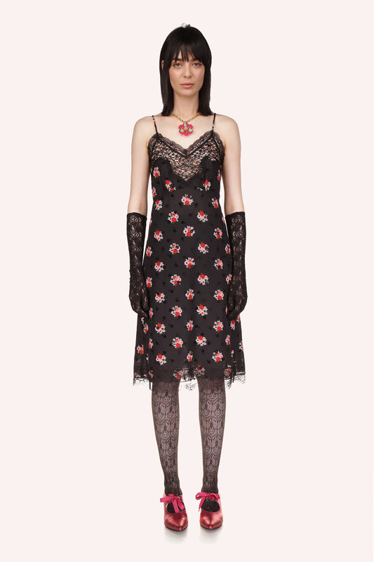 Schwarzes Kleid, Rosie Posie Muster, V-Form, schwarzer Spitzenkragen und Schnürung am Po, ärmellos, 2-Träger