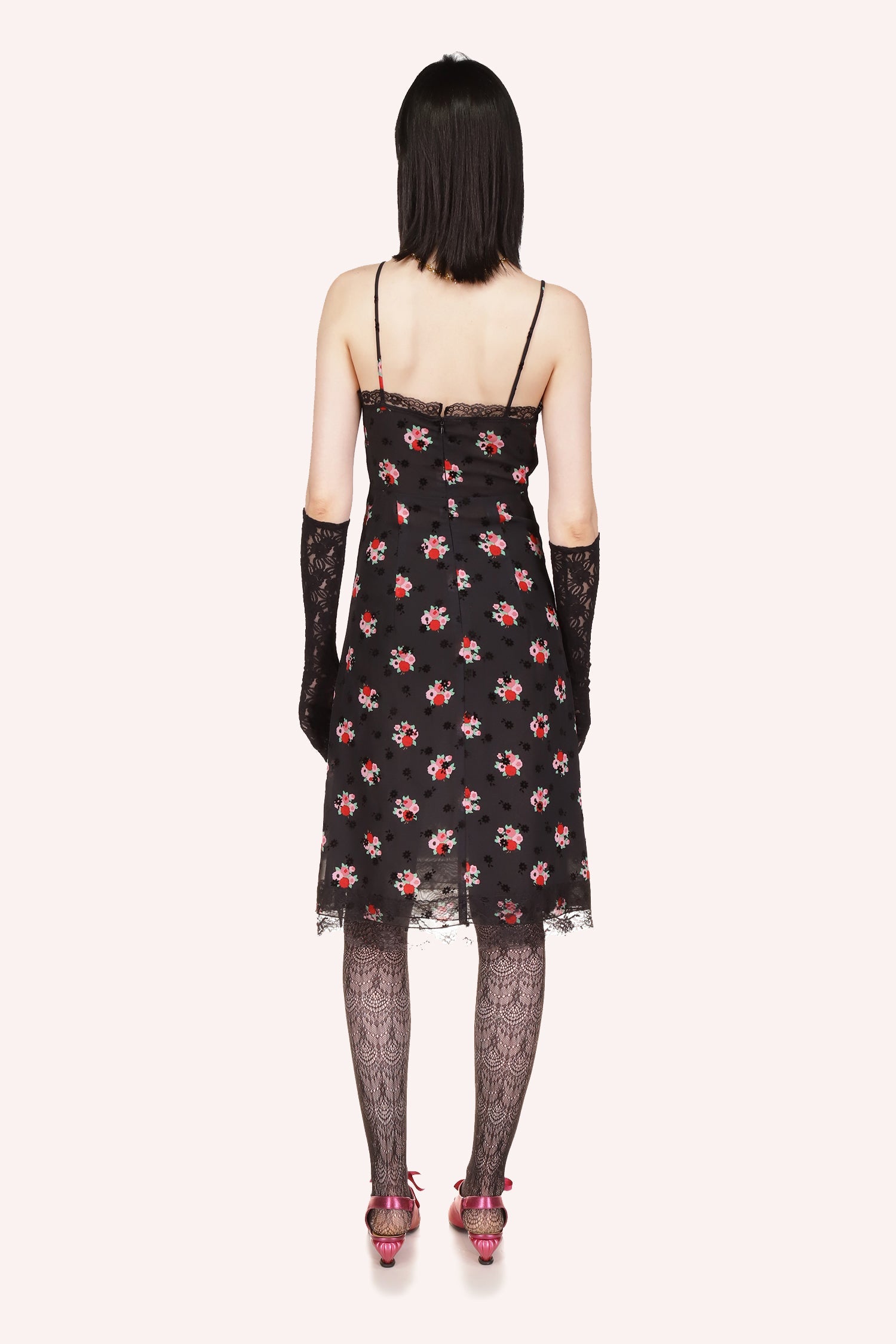 Anna Sui's Rosie Posie Slip Dress in Black Multi with the Rosie Posie bouquet pattern, zip on the back