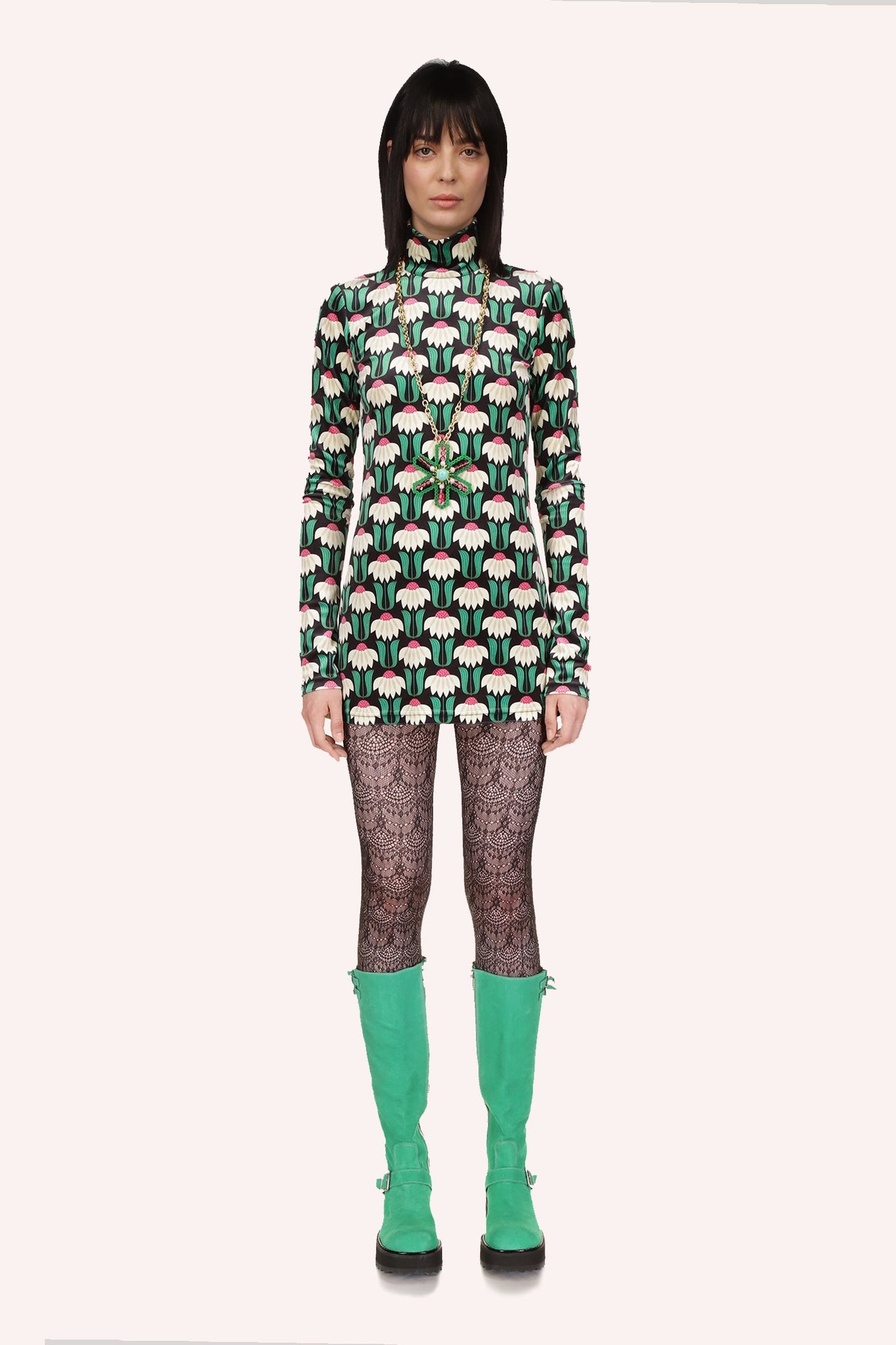 Velvet, mini-dress, long sleeve, turtleneck, with pattern of white daisies, pink hearts, green leaves
