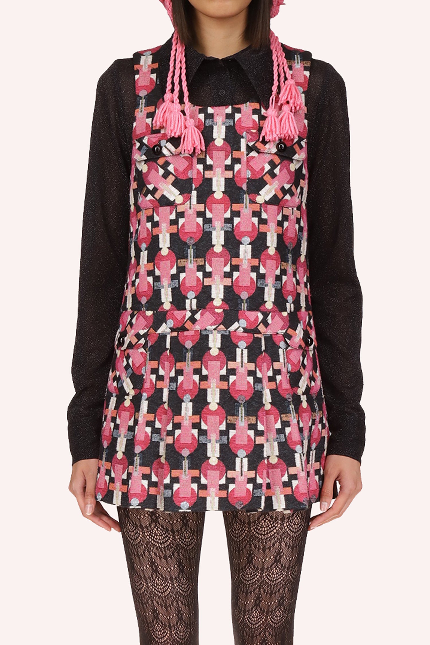Geo Jacquard Pleated Dress Rose Multi, floral pattern shades of, light pink and red on black