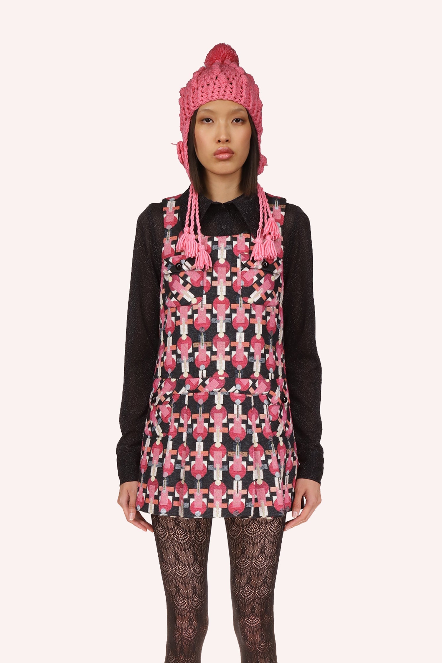 Geo Jacquard Pleated Dress Rose Multi, floral pattern shades of, light pink and red on black, sleeveless dress, 2-straps