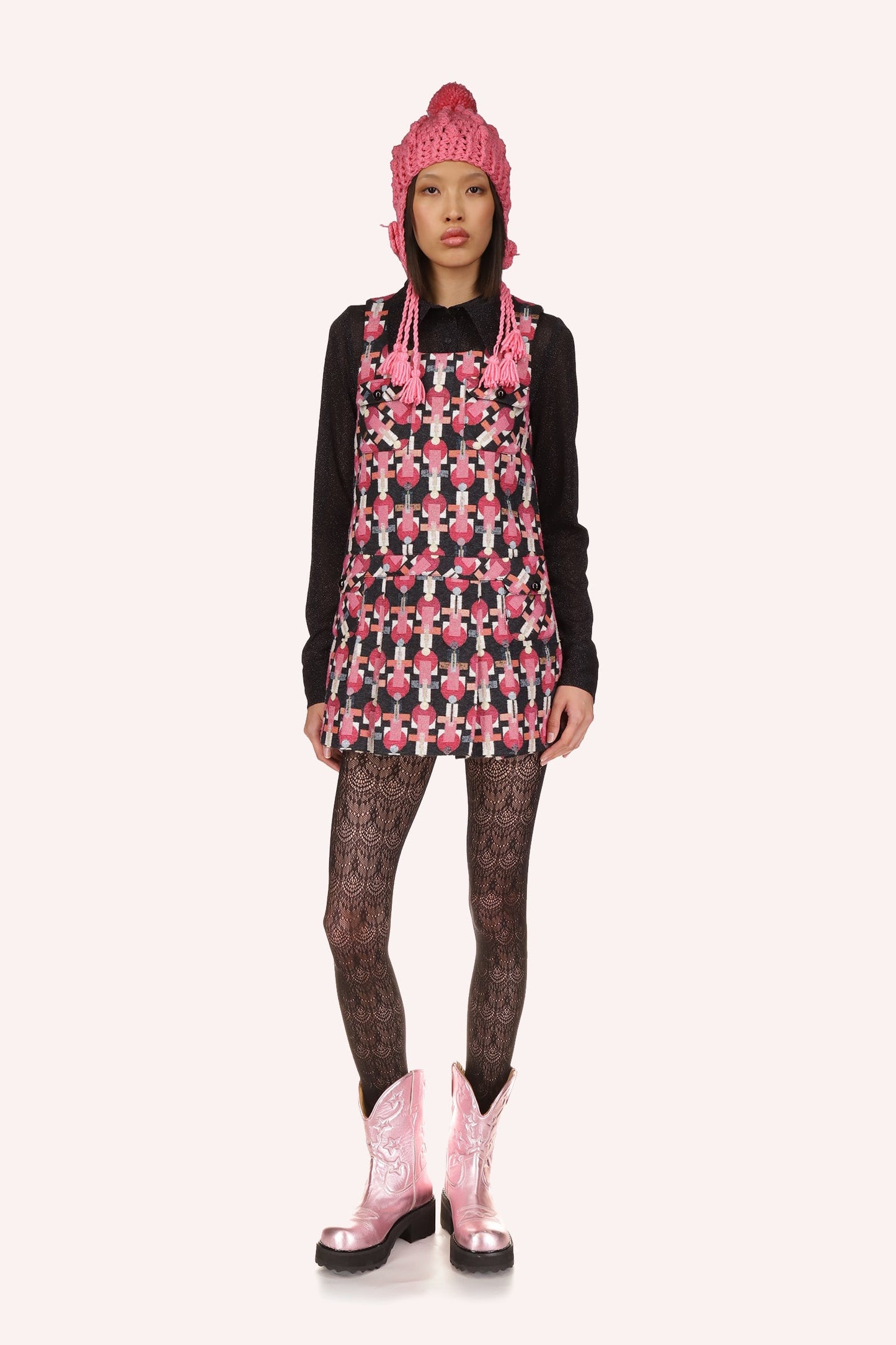Geo Jacquard Pleated Dress, floral pattern hue pink and red on black, sleeveless dress, 2-straps