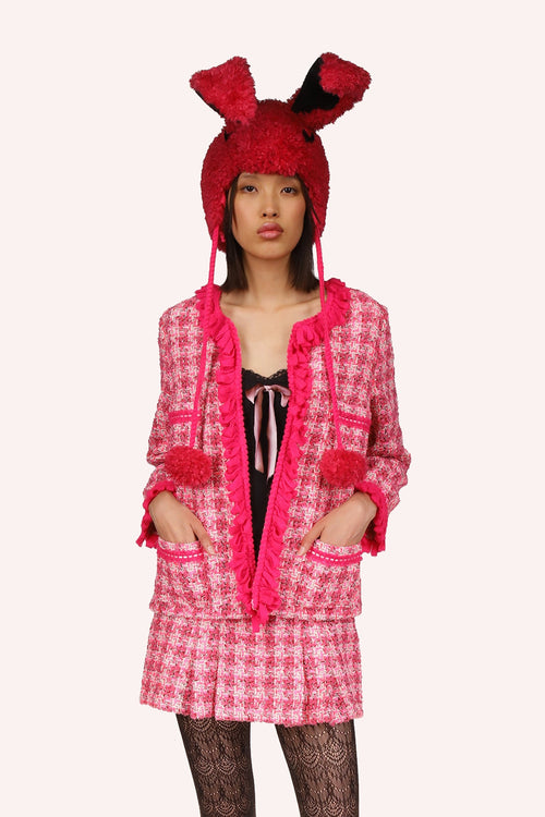 Tweed Jacket Bubblegum, hip-length, long sleeves, pink ribbons on edges, fake pockets top, 2 pockets bottom pink highlight