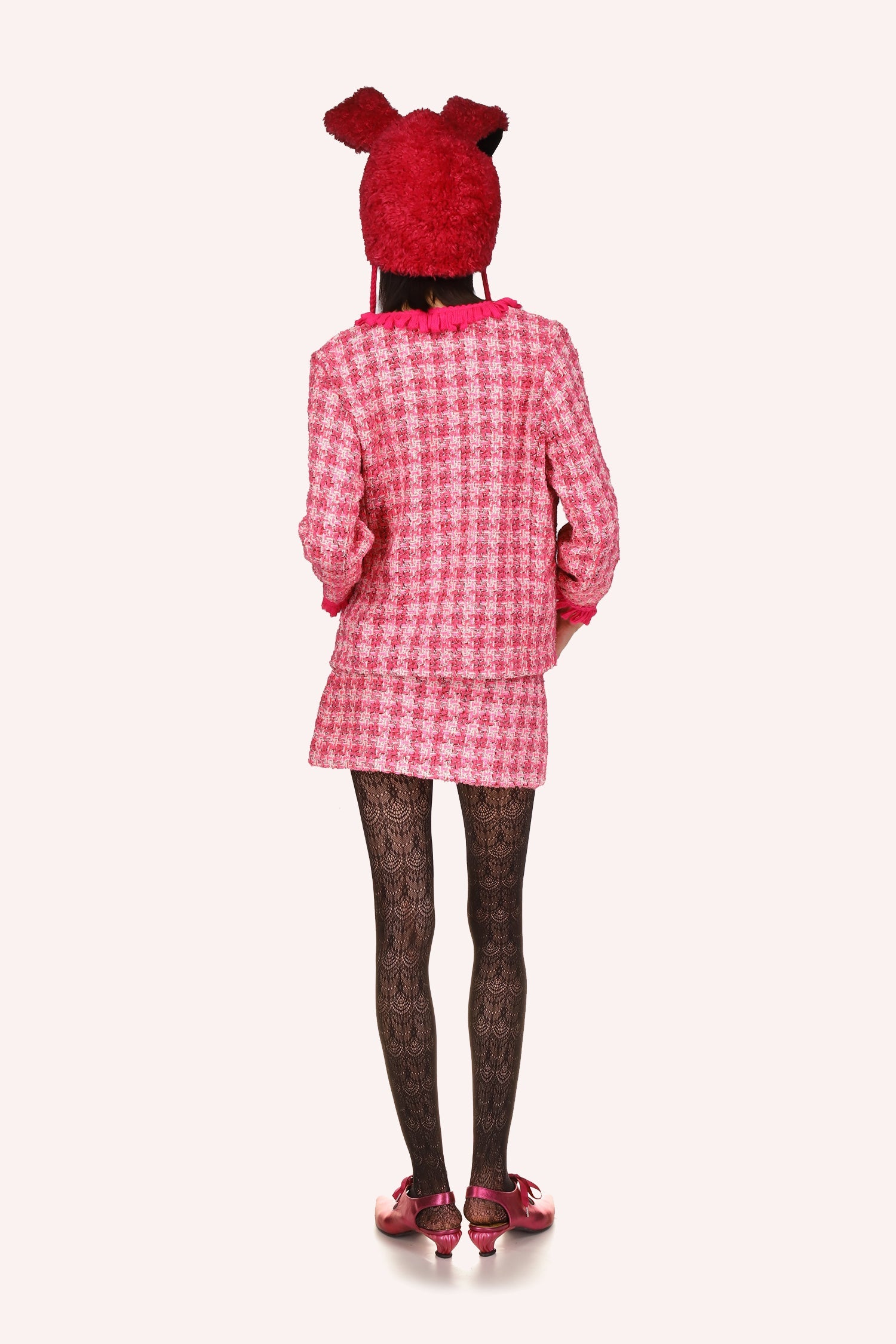The Anna Sui’s Ribbon Chenille Tweed Jacket Bubblegum is a hip-length jacket in a soft pink shade