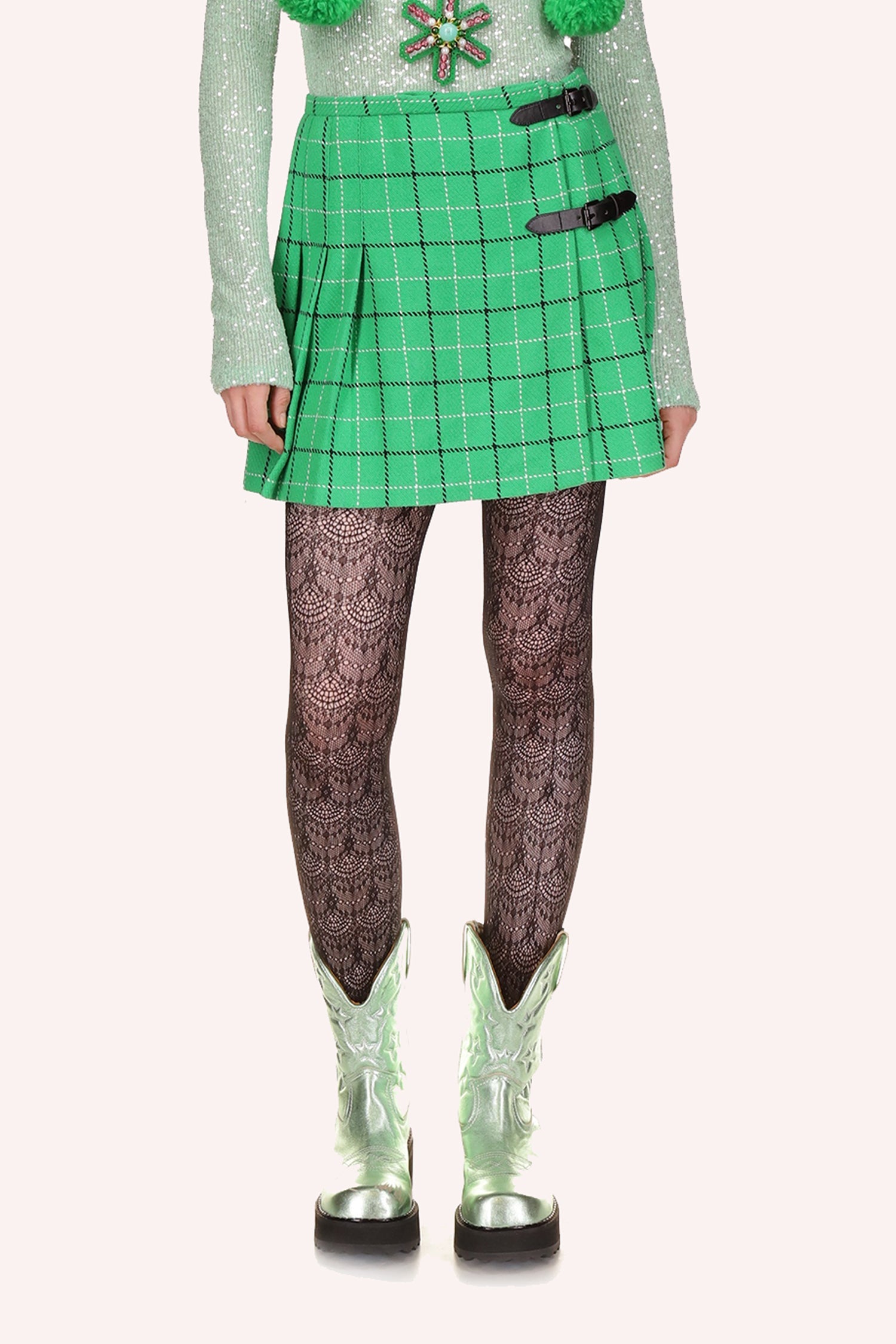 Pleated Skirt Clover, mini skirt, with pattern of dark green and white borders in square shape, 2 black buckles on left