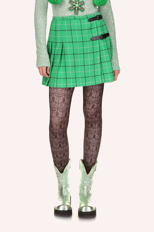 Pleated mini Skirt Clover, pattern of dark green and white borders in square, 2 black buckles on left