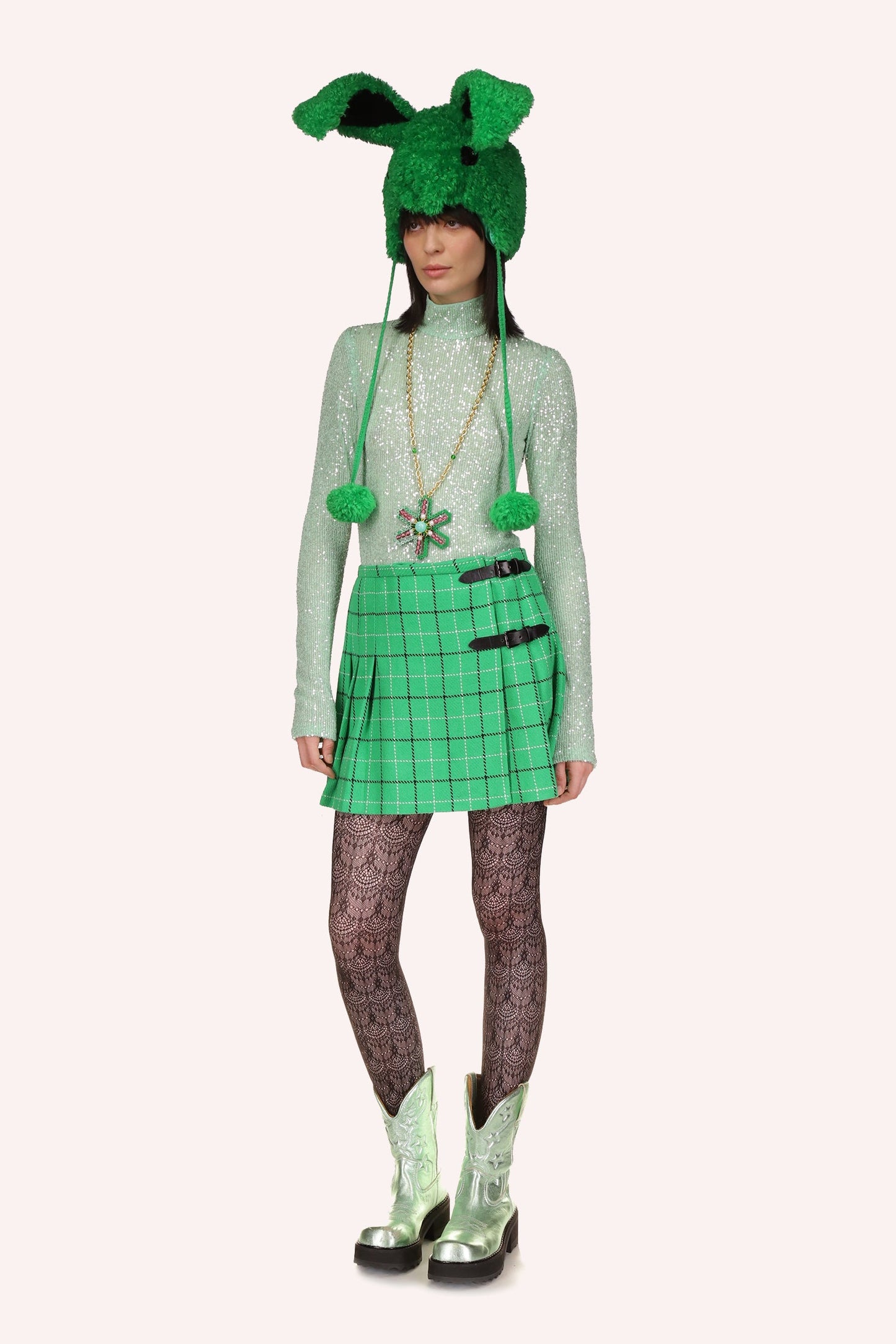 Windowpane Pleated Mini Skirt Clover Multi, Irish green, with dark green/white borders