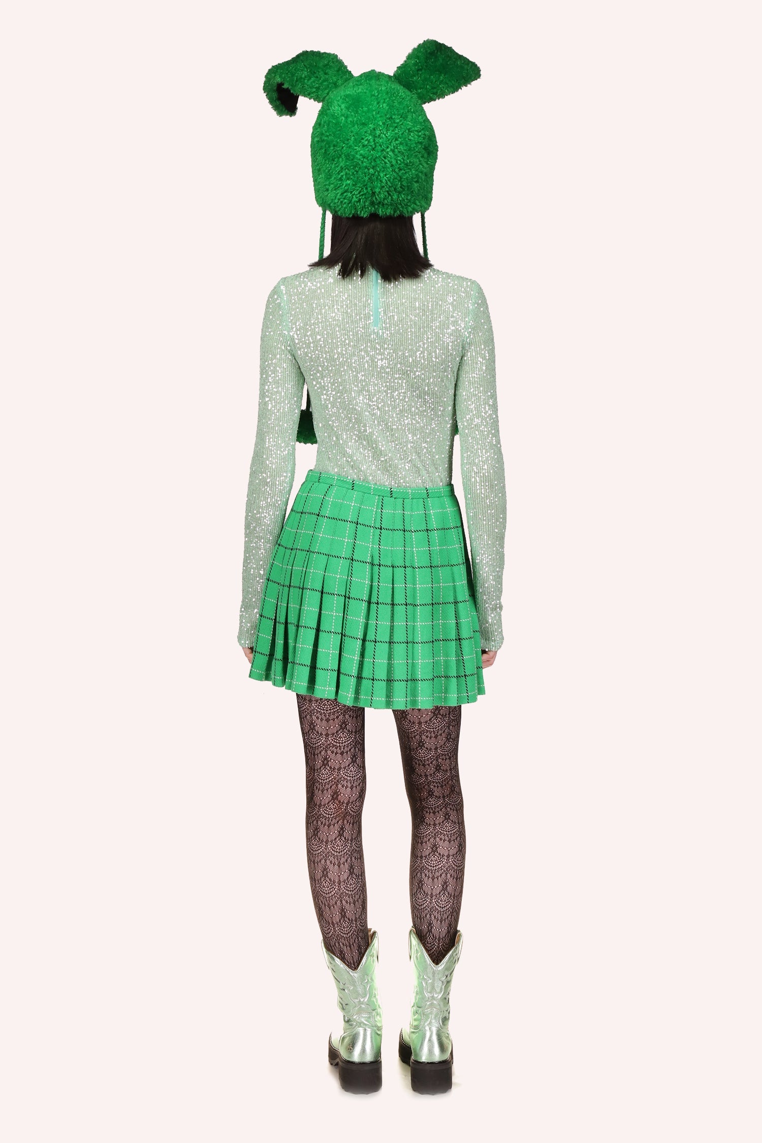 百褶半身裙三葉草，迷你半身裙，帶有方形深綠色和白色邊框圖案