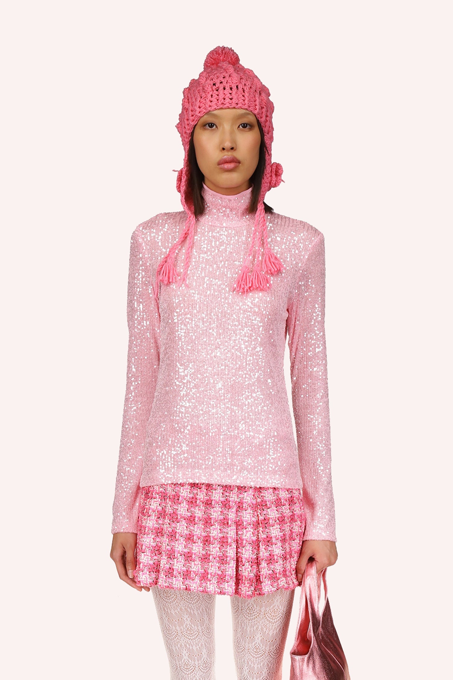 Anna Sui Sequin Mesh Turtleneck Baby Pink, long sleeves, and turtleneck collar accentuates the neckline, hips long