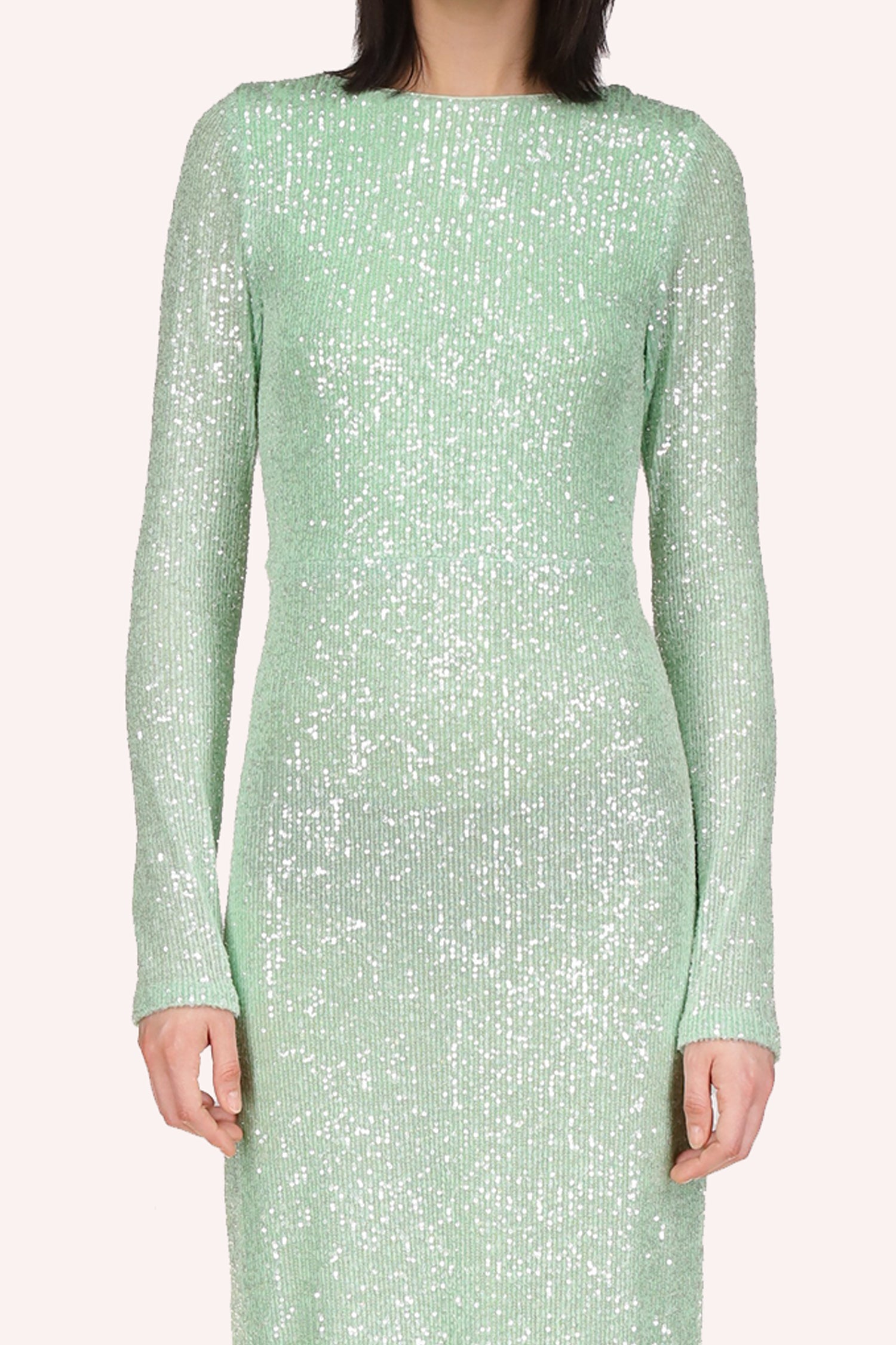 Sequin Mesh Dress Peppermint, designed by Anna Sui, is a sophisticated gown in a soft peppermint color