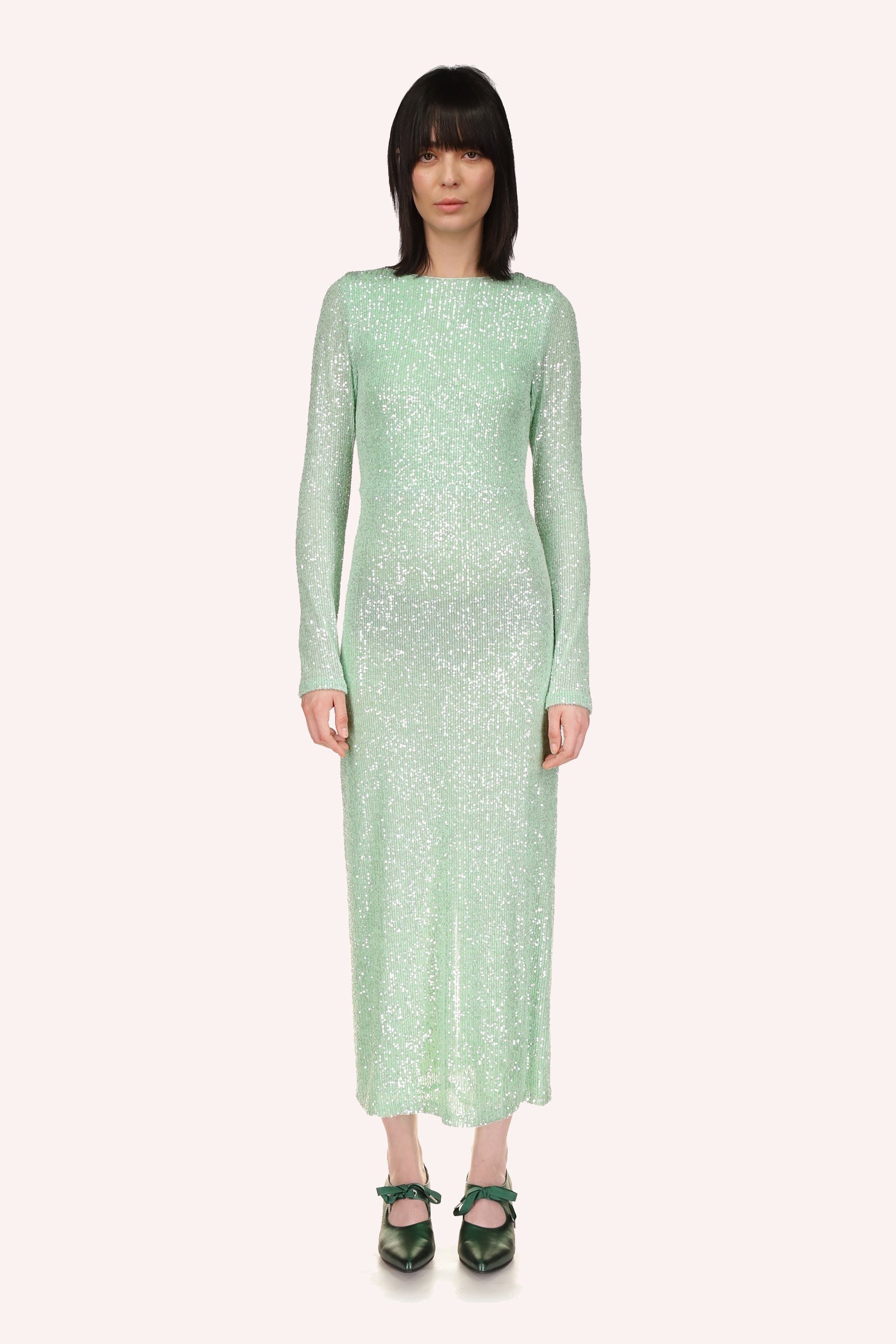 Anna Sui's Sequin Mesh Dress, peppermint, long sleeves, and a collar frames the neckline