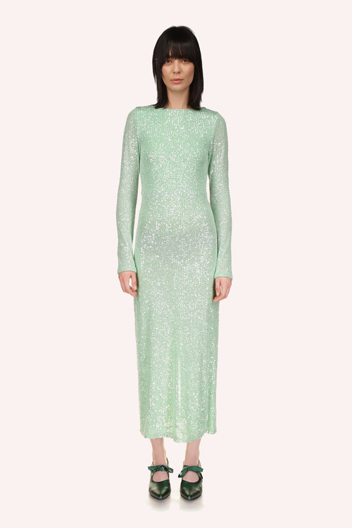 The Sequin Mesh Dress, soft Peppermint, long sleeves, and a collar frames the neckline