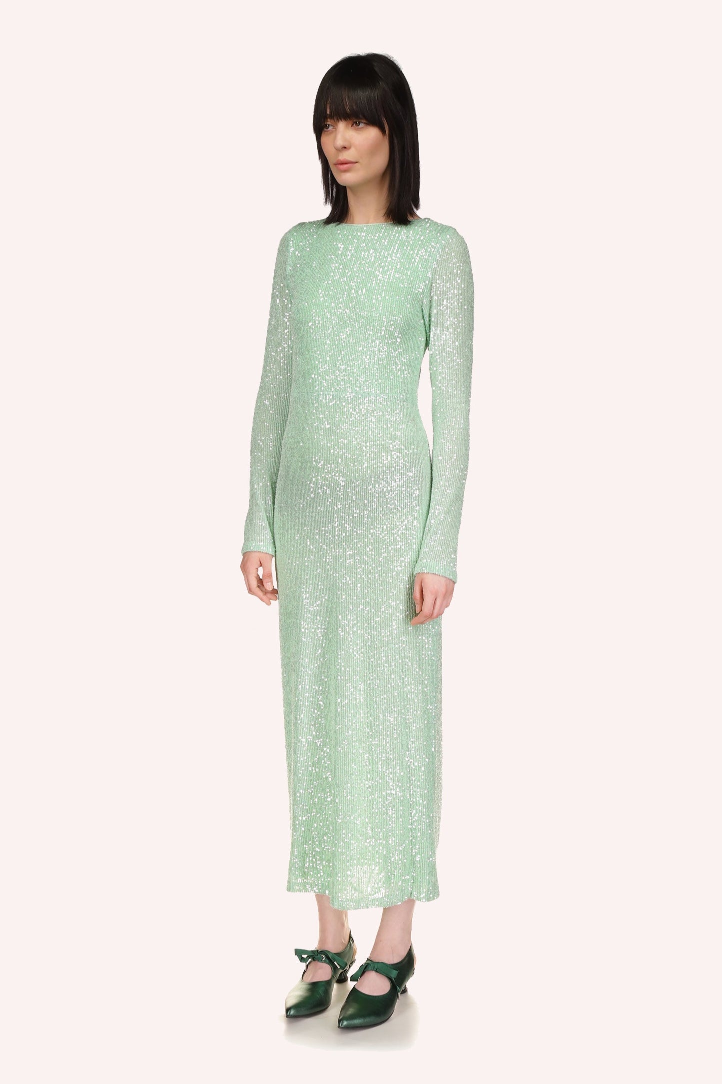 Anna Sui's Sequin Mesh Dress peppermint, ankles long, neckline collar, long sleeves