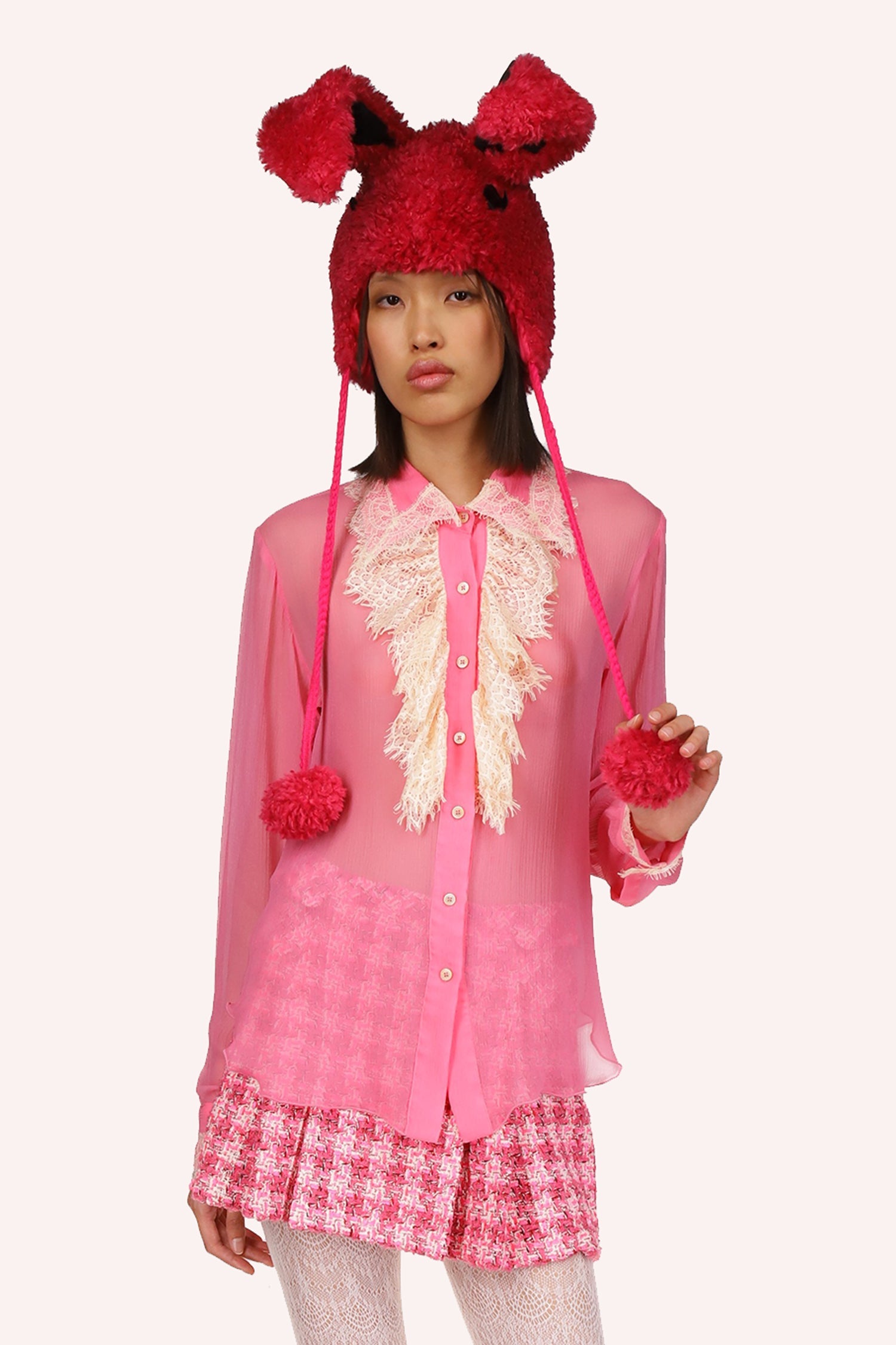 Lingerie Blouse, see-through rose-colored, long sleeves, distinctive chiffon Ruffle collar, 7 white buttons, V-cut on hips 