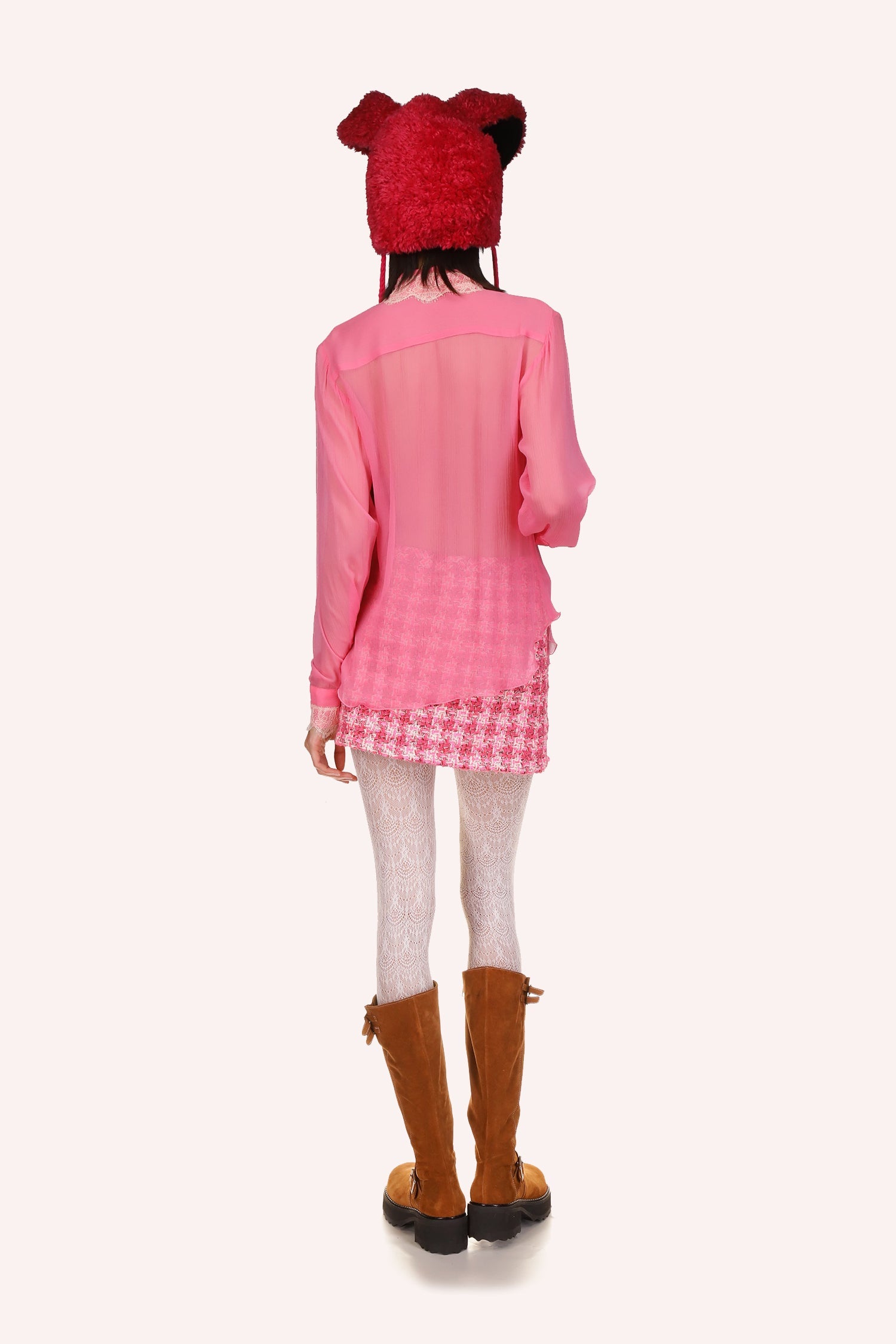 See-through blouse rose, long sleeves, distinctive chiffon Ruffle collar, 7-buttons, V-cut on hips