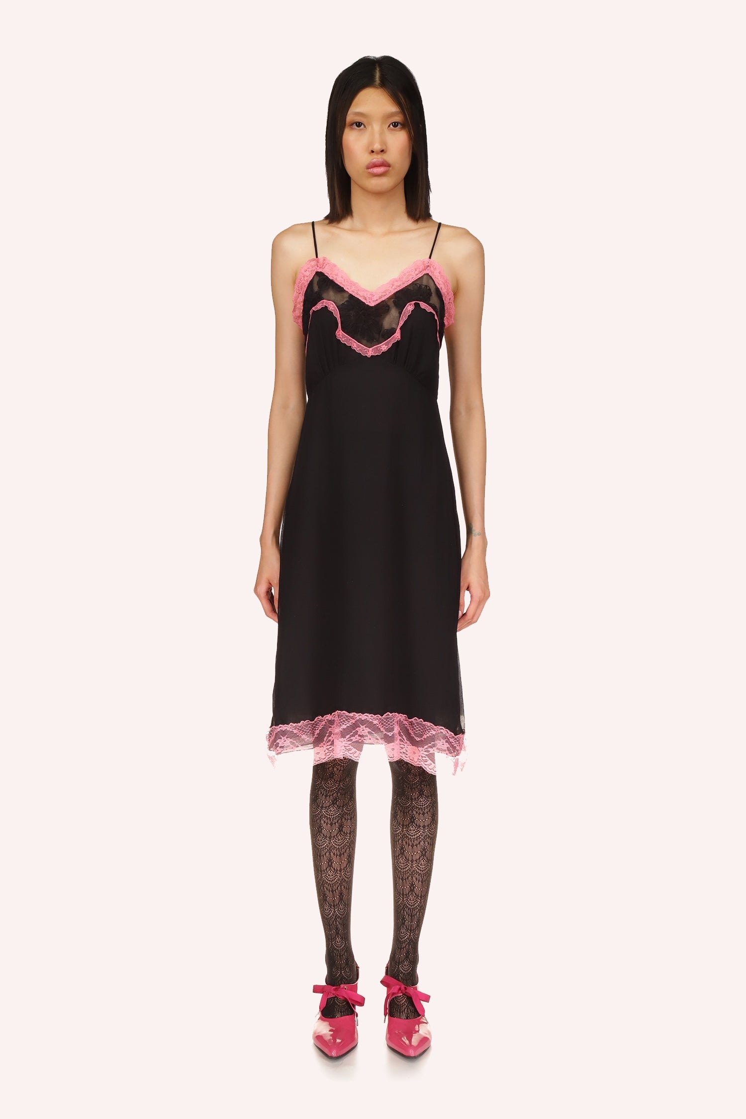 The Lingerie Chiffon Slip Dress Rose, by Anna Sui, offers a dress, black with rose highlight lace a top and bottom