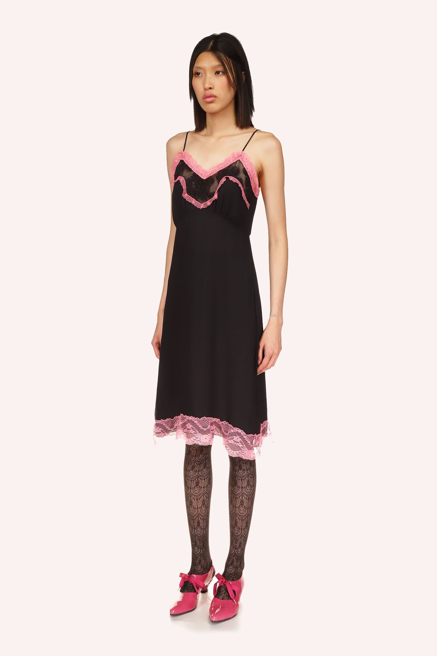 Lingerie Chiffon Dress, black with rose highlight pink rim lace top/bottom, sleeveless, 2-straps 