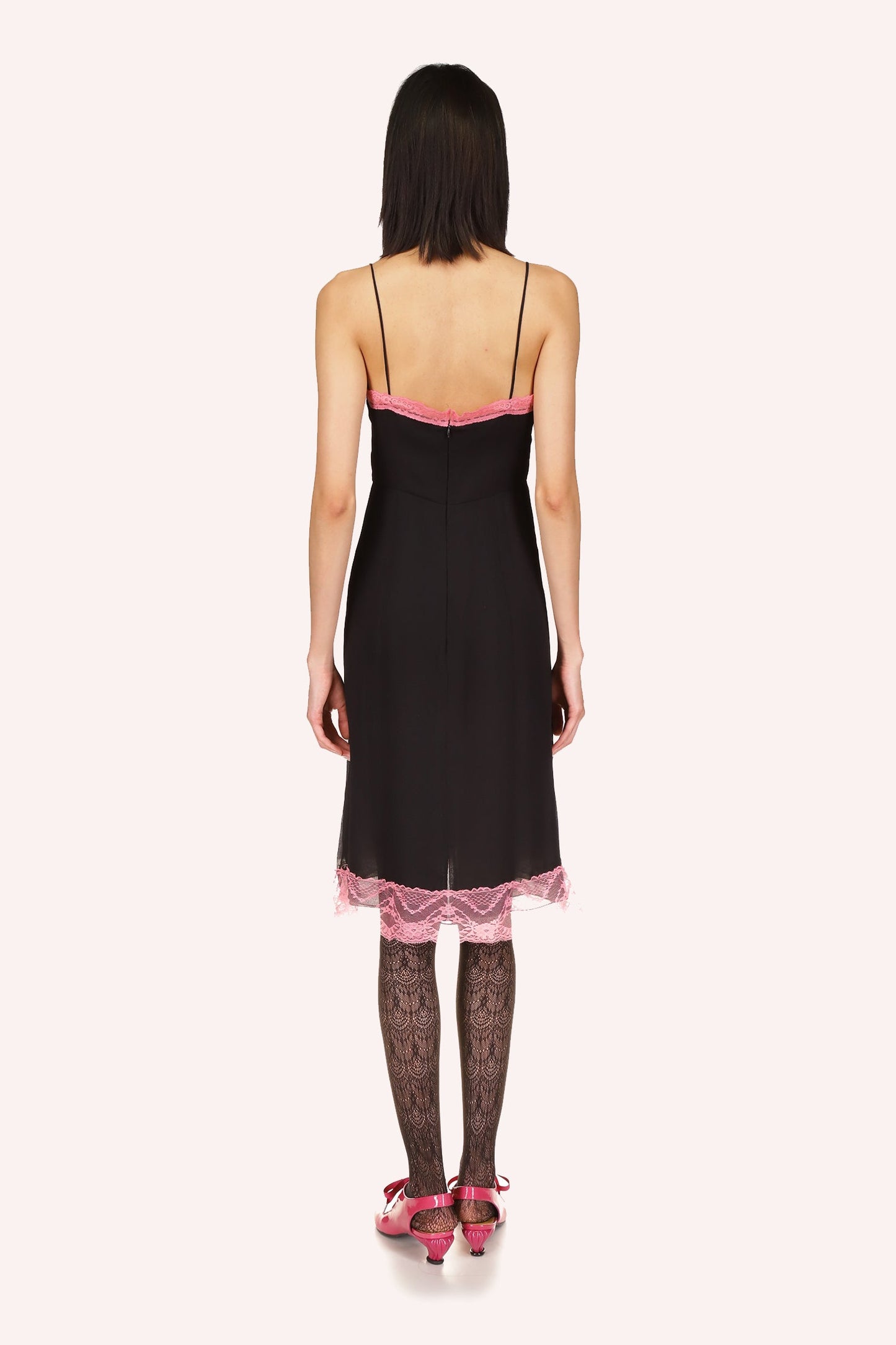 Lingerie Chiffon Slip Dress Rose, black with rose highlight lace a top and bottom zipper on back
