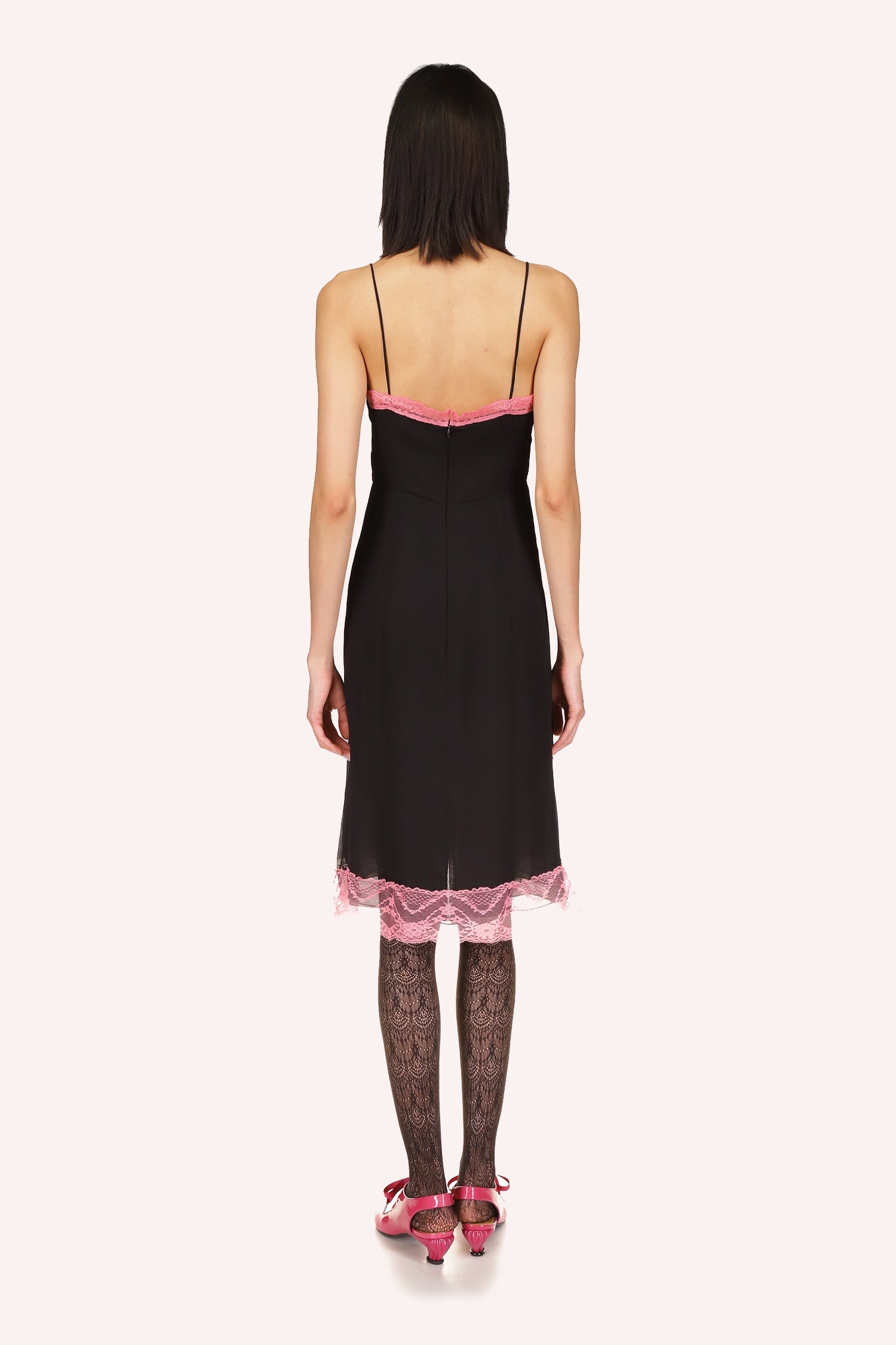 Lingerie Chiffon Slip Dress Rose, black with rose highlight lace a top and bottom zipper on back