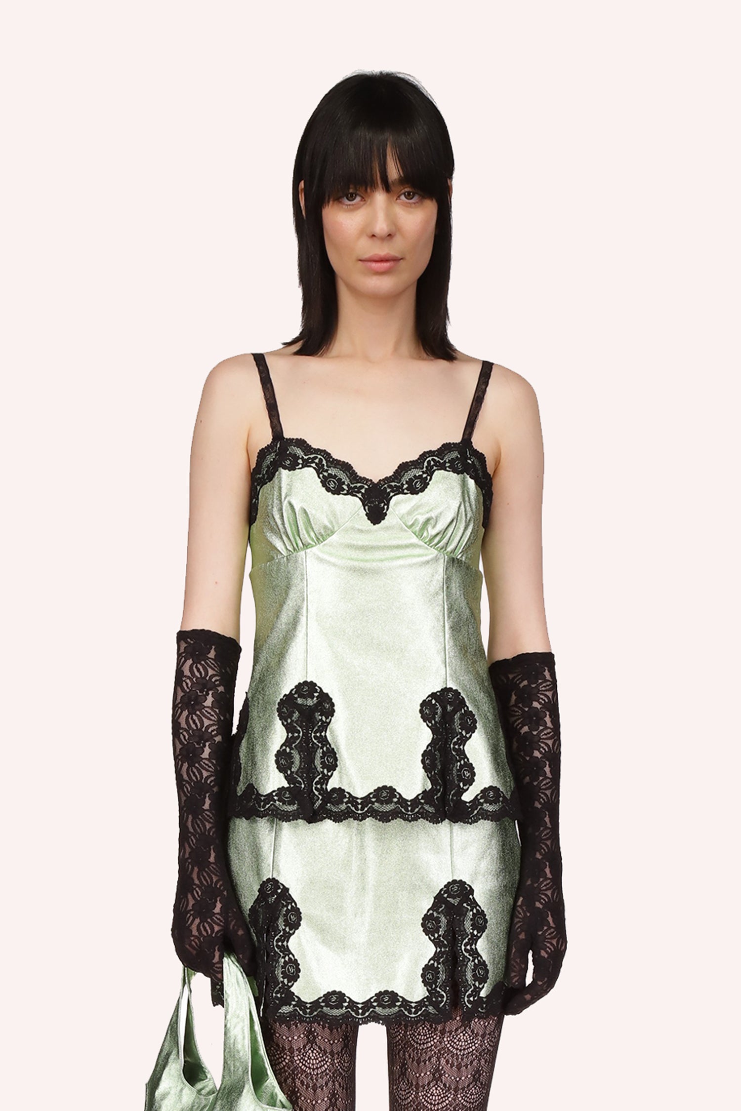  Anna Sui Camisole Top Peppermint, sleeveless, with black straps over the shoulders, black lace around the top and bottom