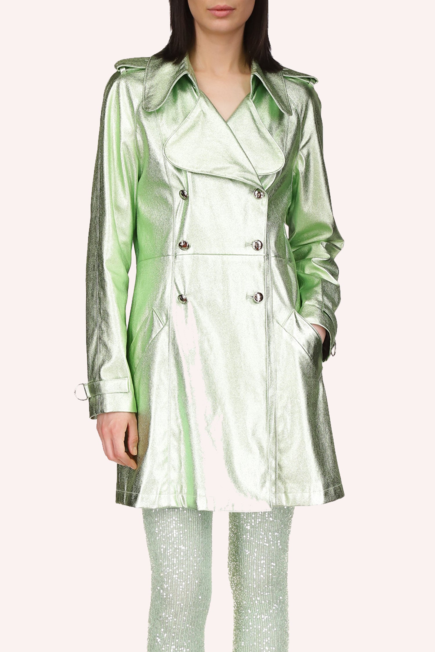 Coat, mid-length, large collar, long sleeves with buckle cuffs, epaulets, 6-silver buttons, 2-pockets 