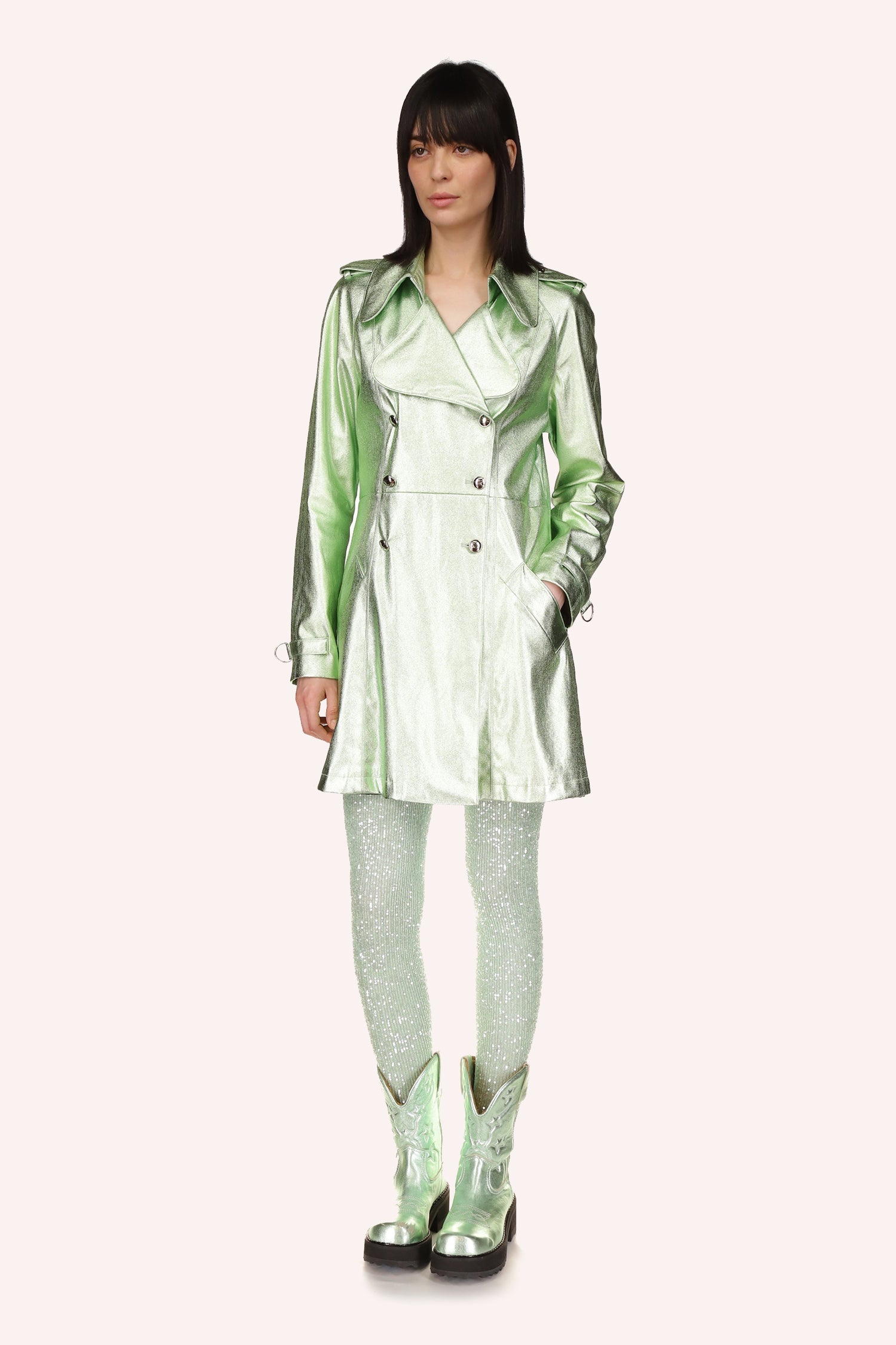 Peppermint Trench Coat, mid-length, large collar, long sleeves with buckle cuffs, epaulets, 6-silver buttons, 2-pockets 