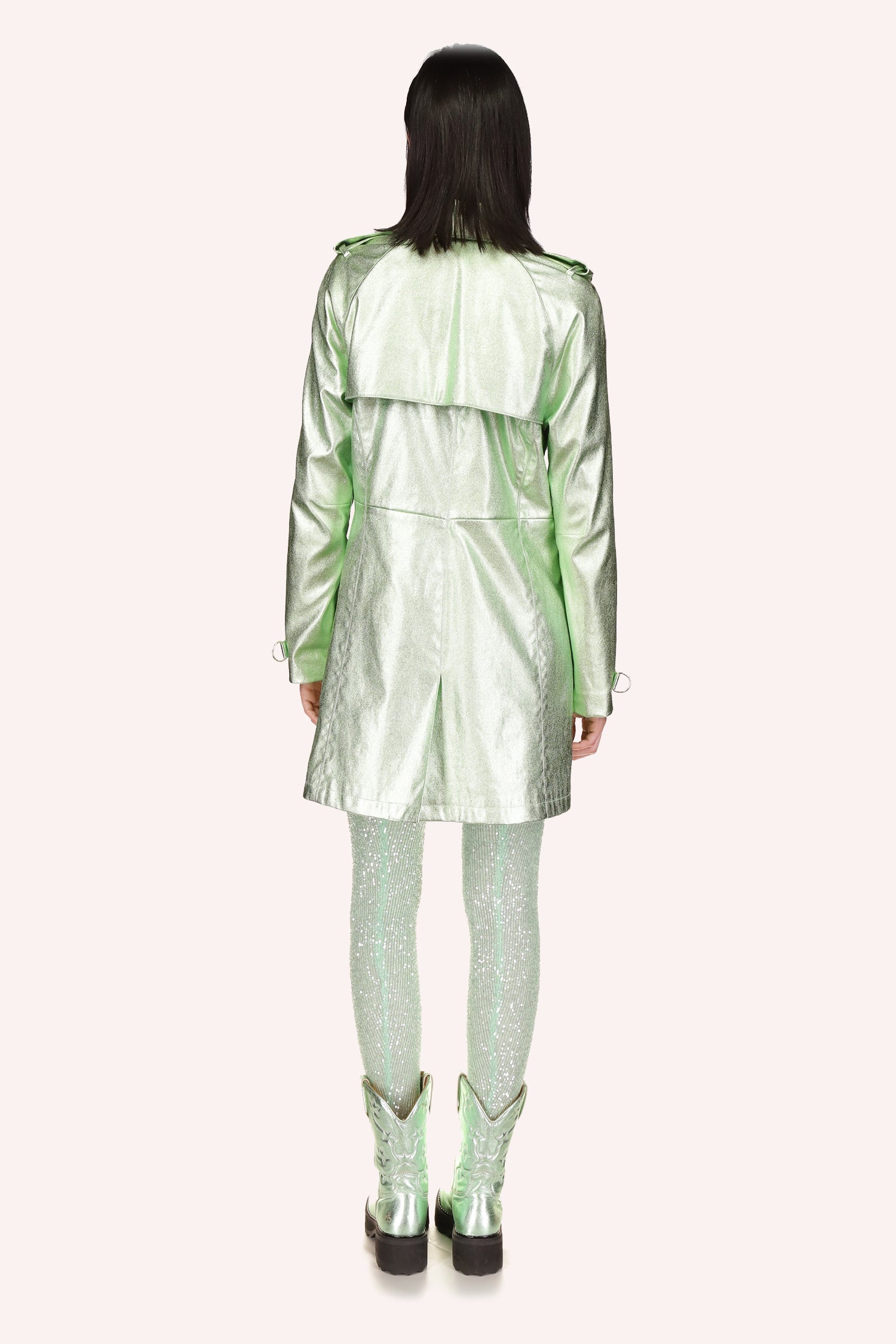 Peppermint Trench Coat, mid-length, large collar, long sleeves with buckle cuffs, epaulets, large overgarment on back