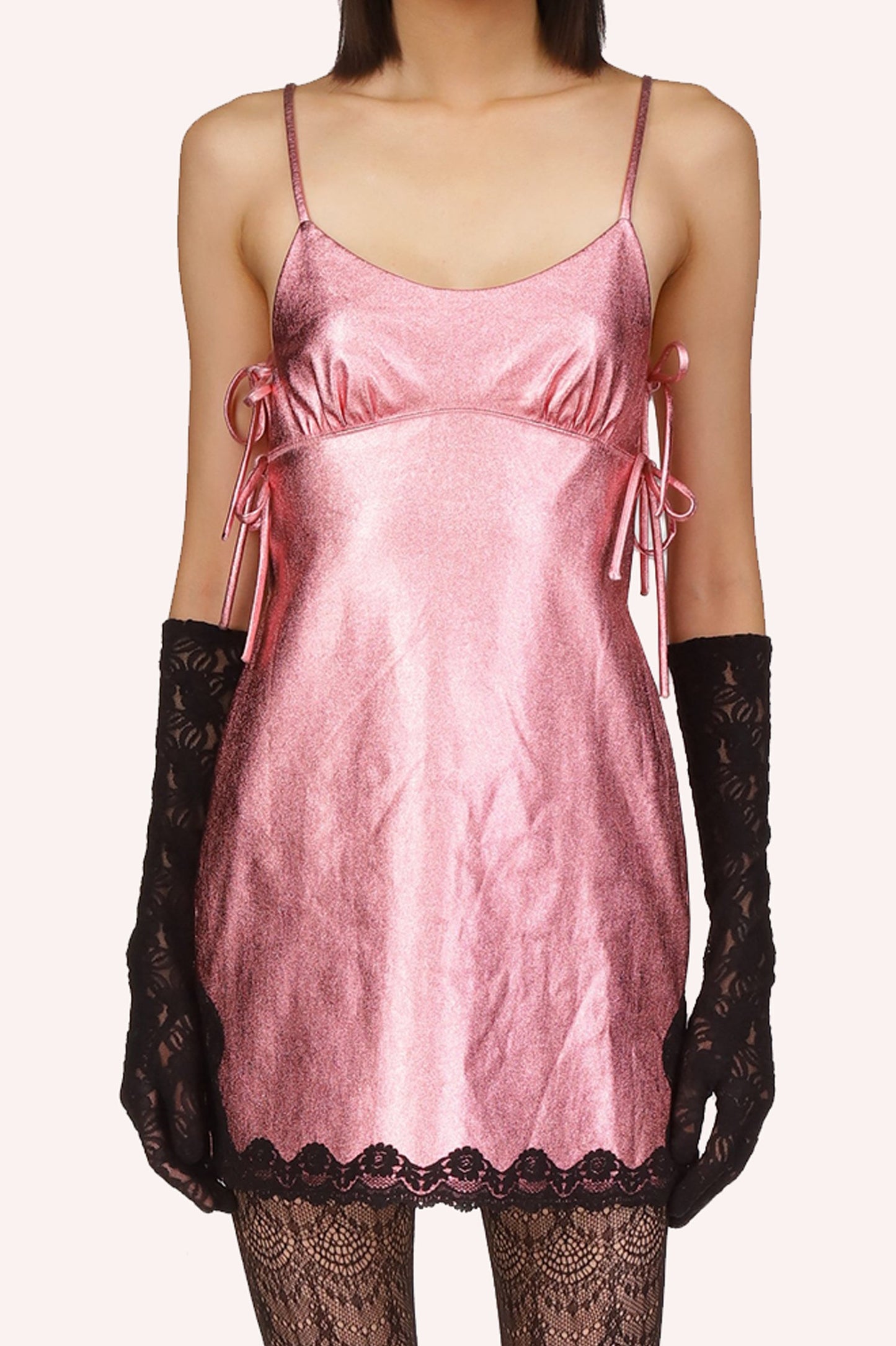 Bubblegum, sleeveless, 2-straps, bottom wavy black lace, pink grommets under breast to adjust