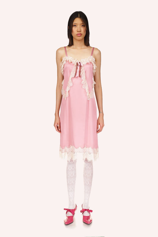 Sleeveless rose dress, knee long, white lace top and bottom, pink ribbon, shoulders straps