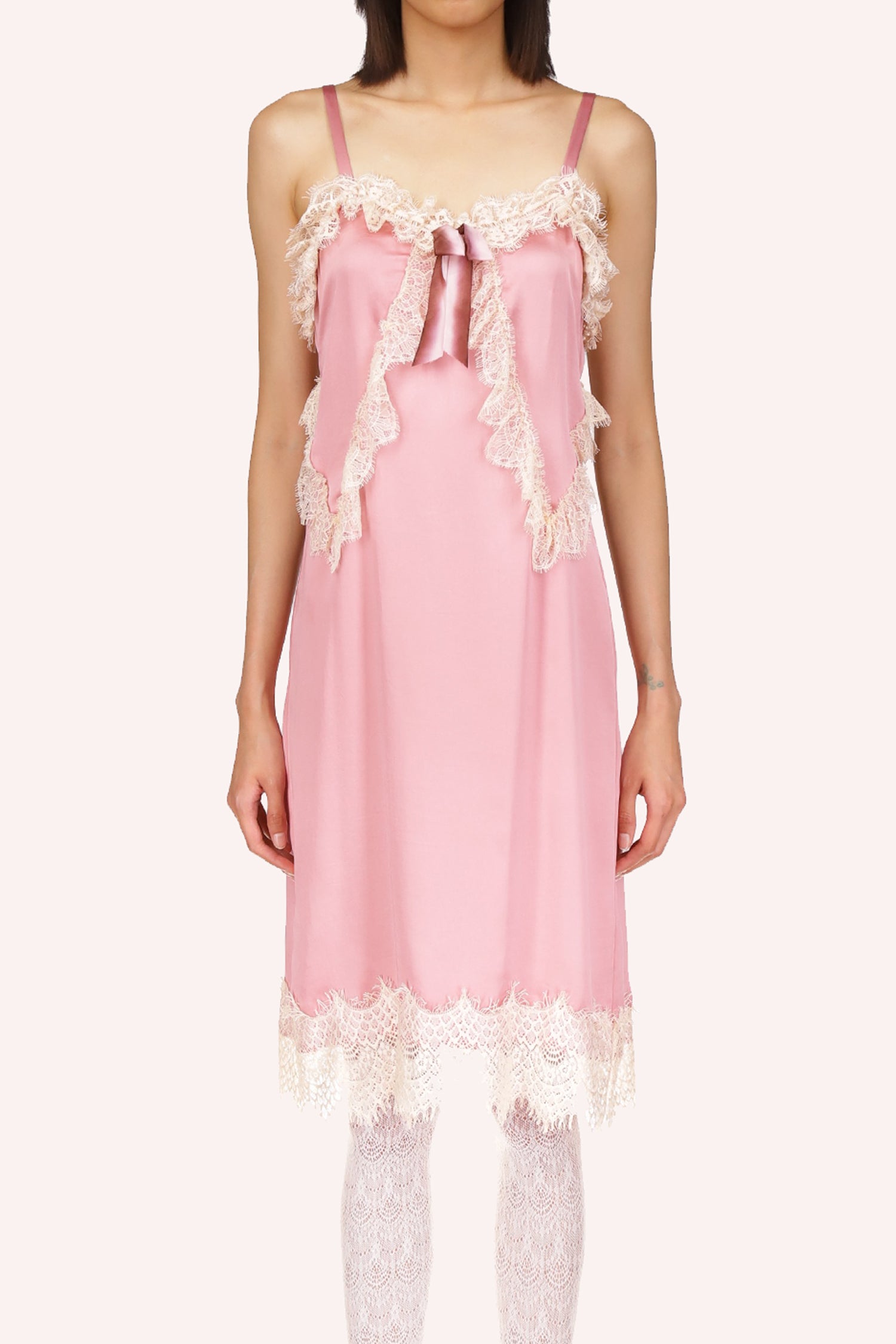 Knee long, sleeveless, white lace triangle, pink ribbon, shoulders straps, white lace top and bottom