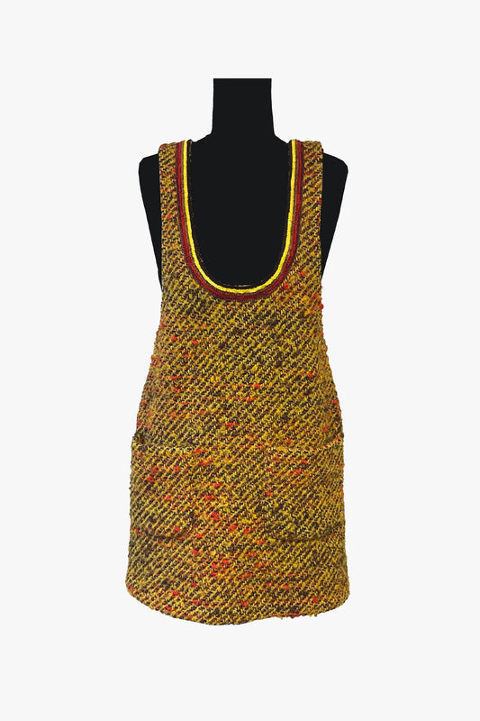 Mustard Tweed Jumper, deep rounded collar cut with yellow and brown hems, sleeveless, mini