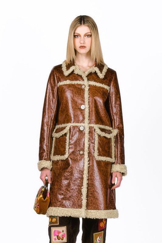 Tobacco Faux Leather with Curly Lamb Trim Coat