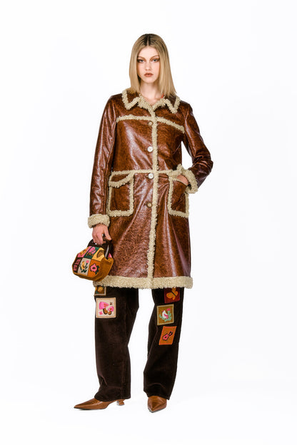 Tobacco Faux Leather hems with Curly Lamb Trim Coat, mid-tight long, 2-pockets, 4-buttons